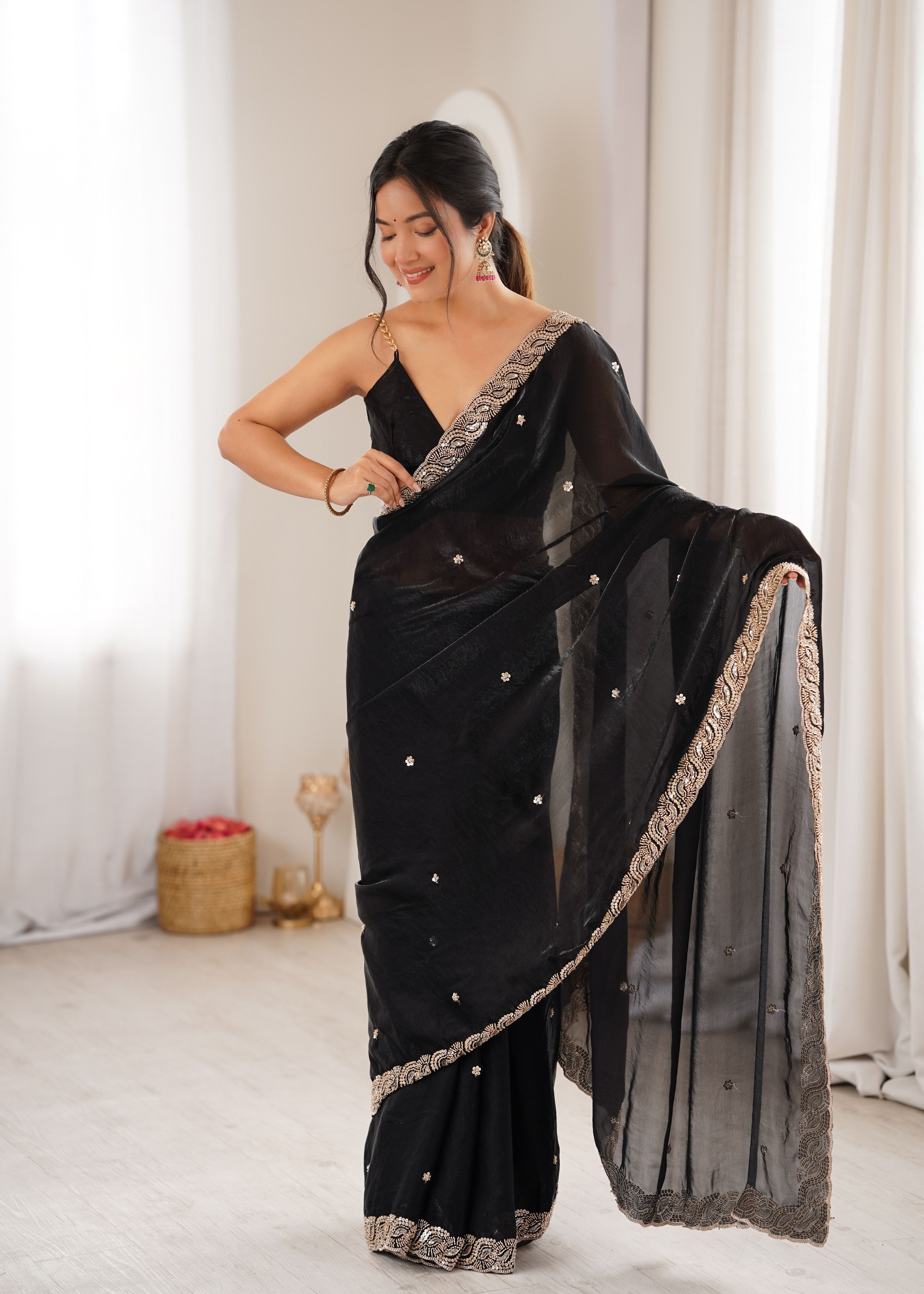 Black Beads Pearl Fendy Satin Saree