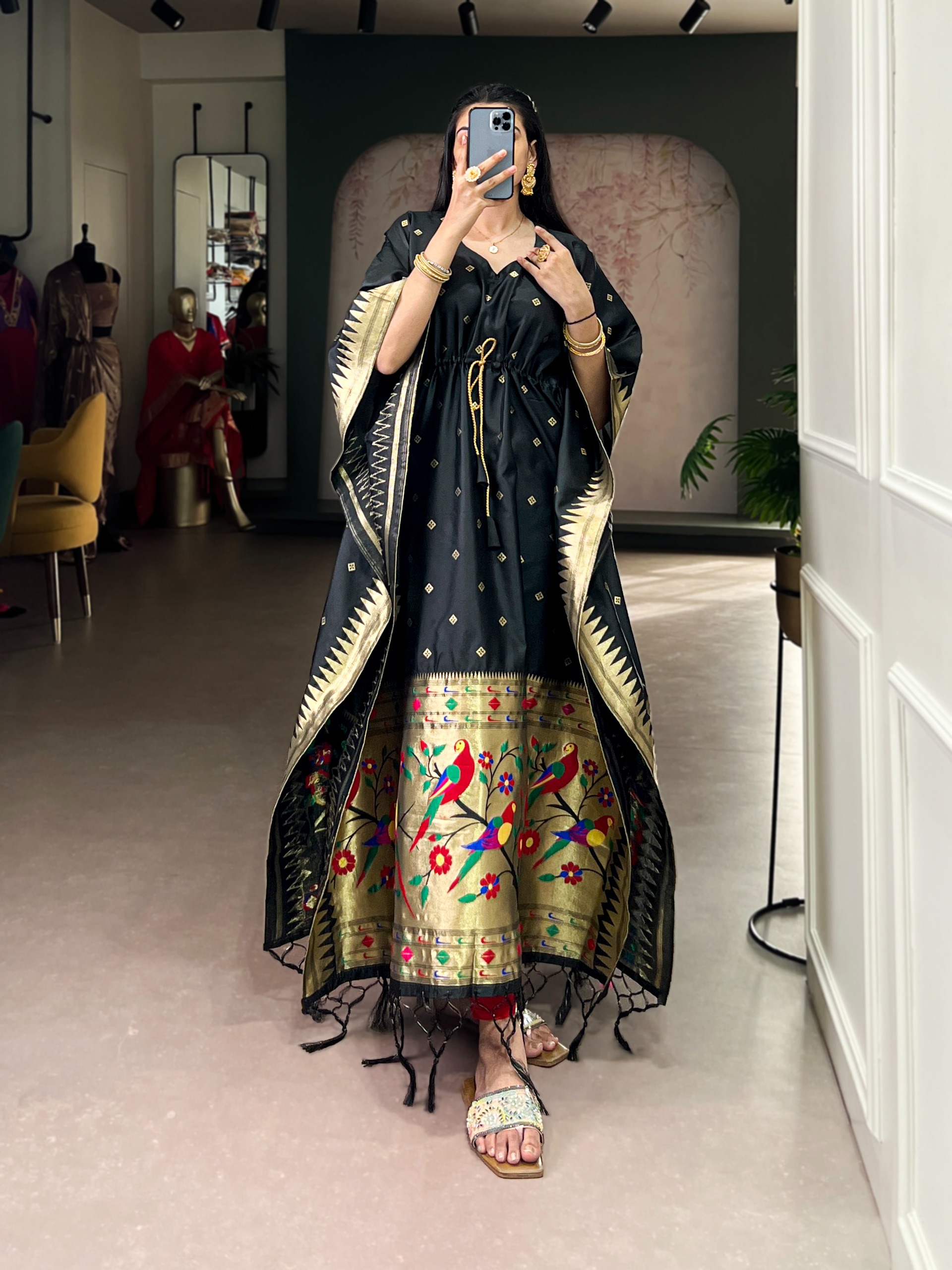 Black Bird Motif Paithani Soft Silk Kaftaan