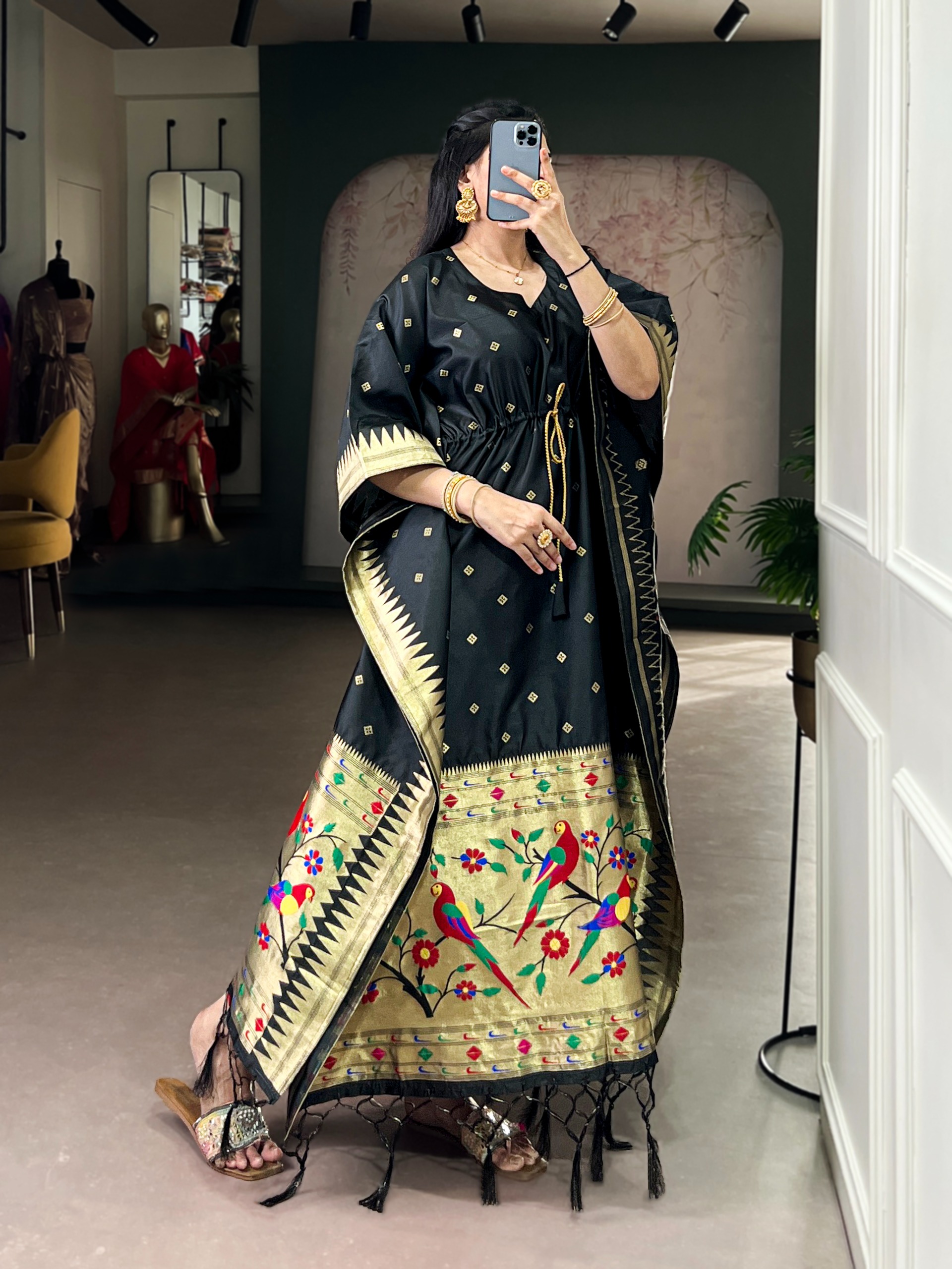 Black Bird Motif Paithani Soft Silk Kaftaan