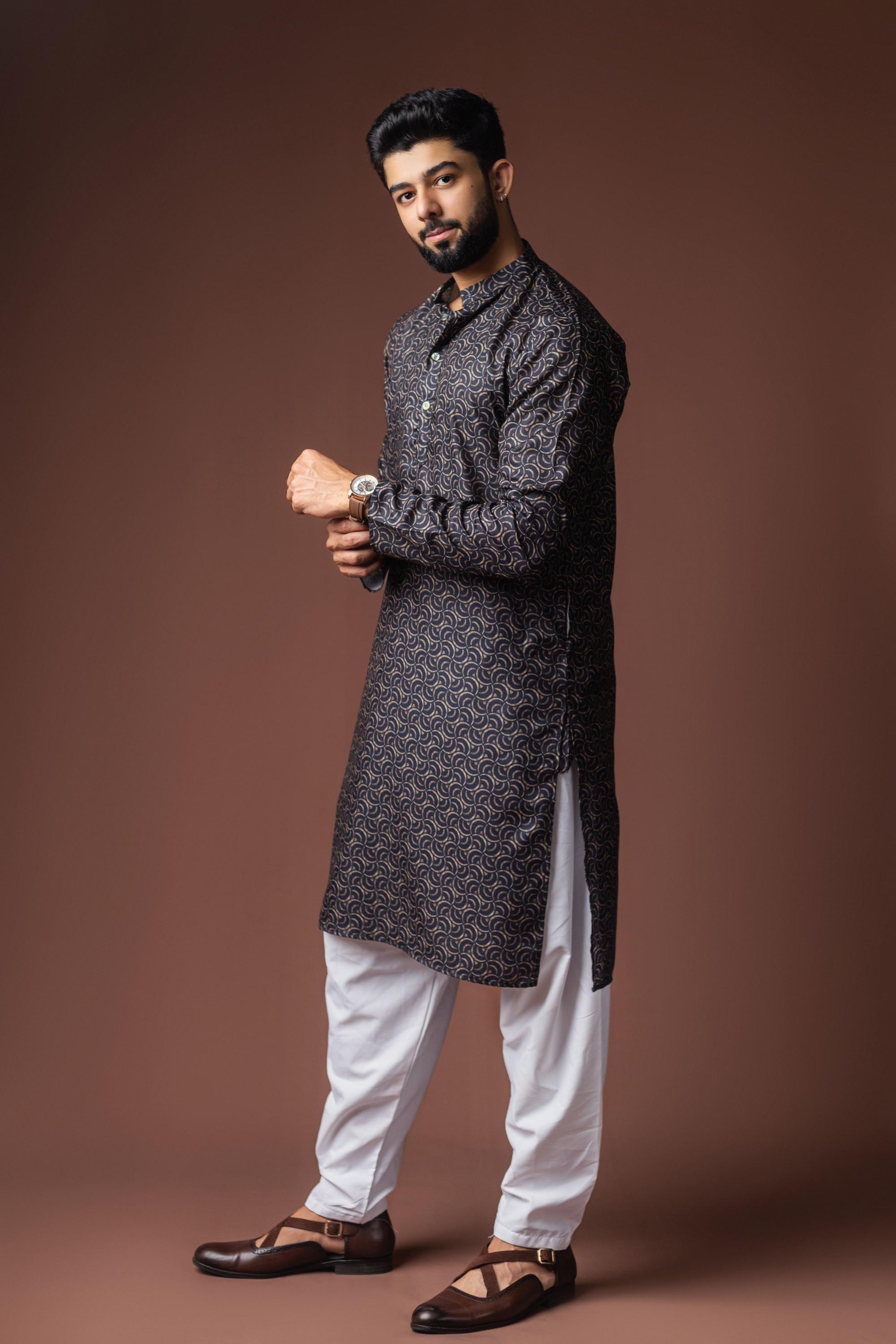 Black Blended Linen Kurta Payjama