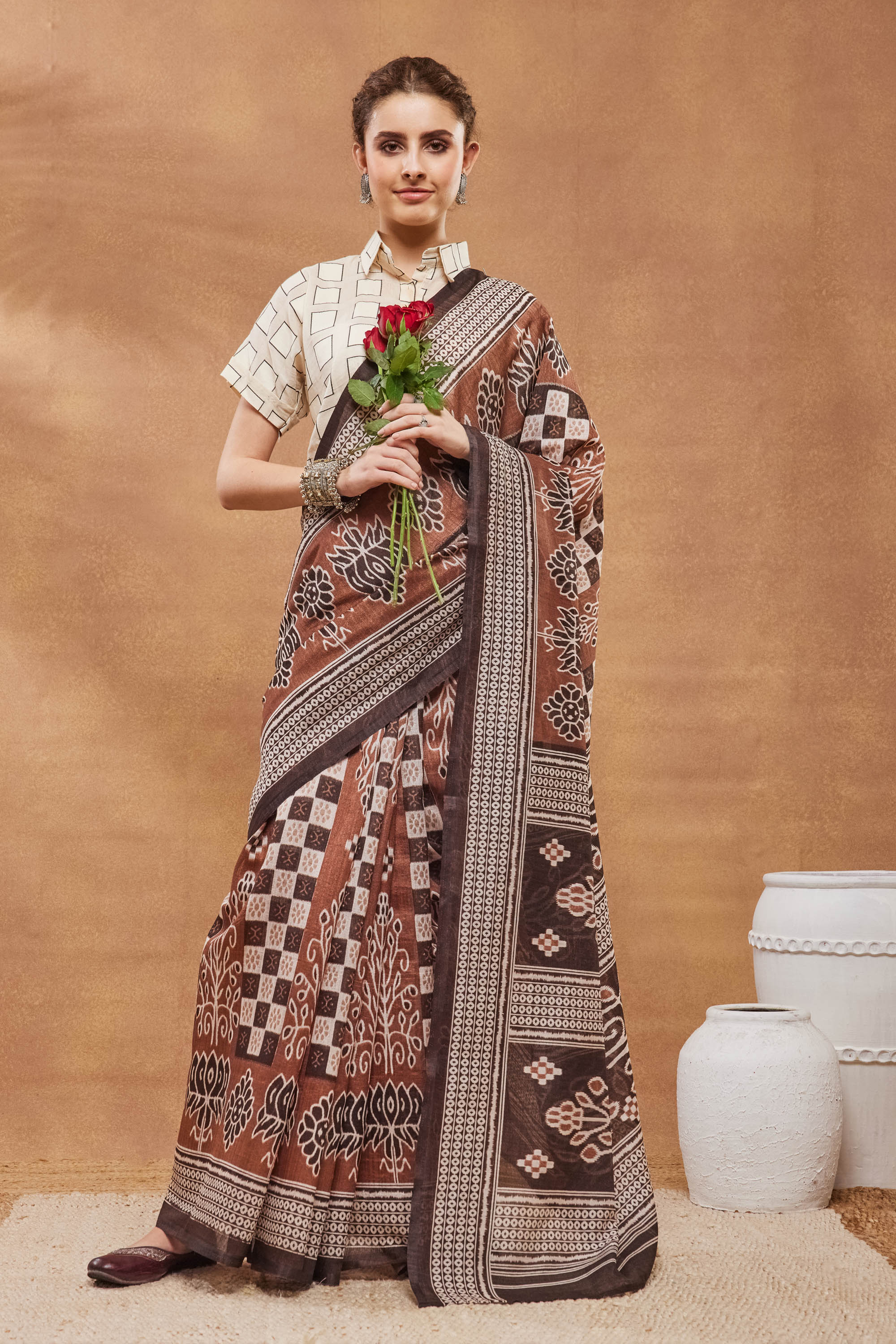 Black Block Print Silk Blend Saree