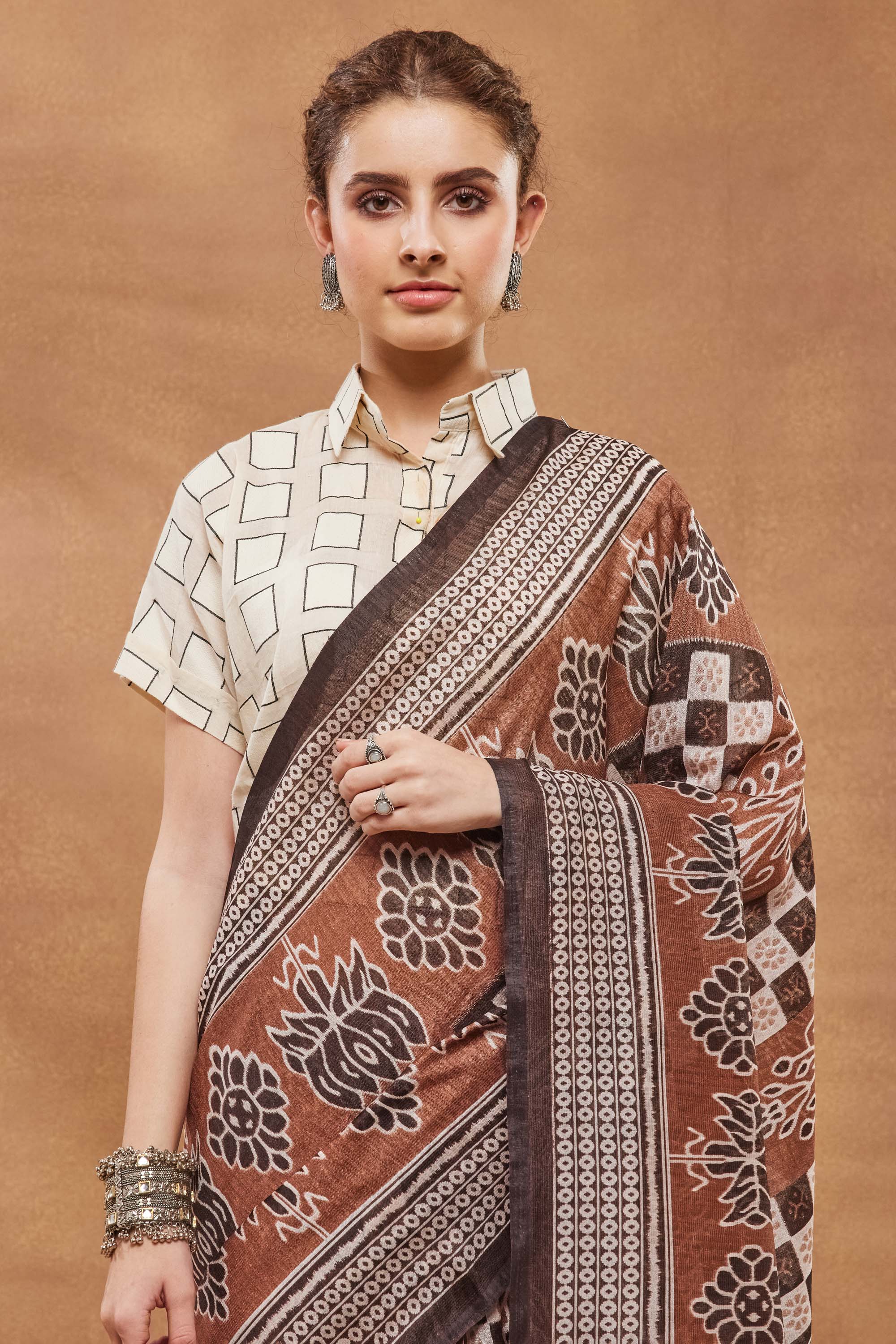 Black Block Print Silk Blend Saree