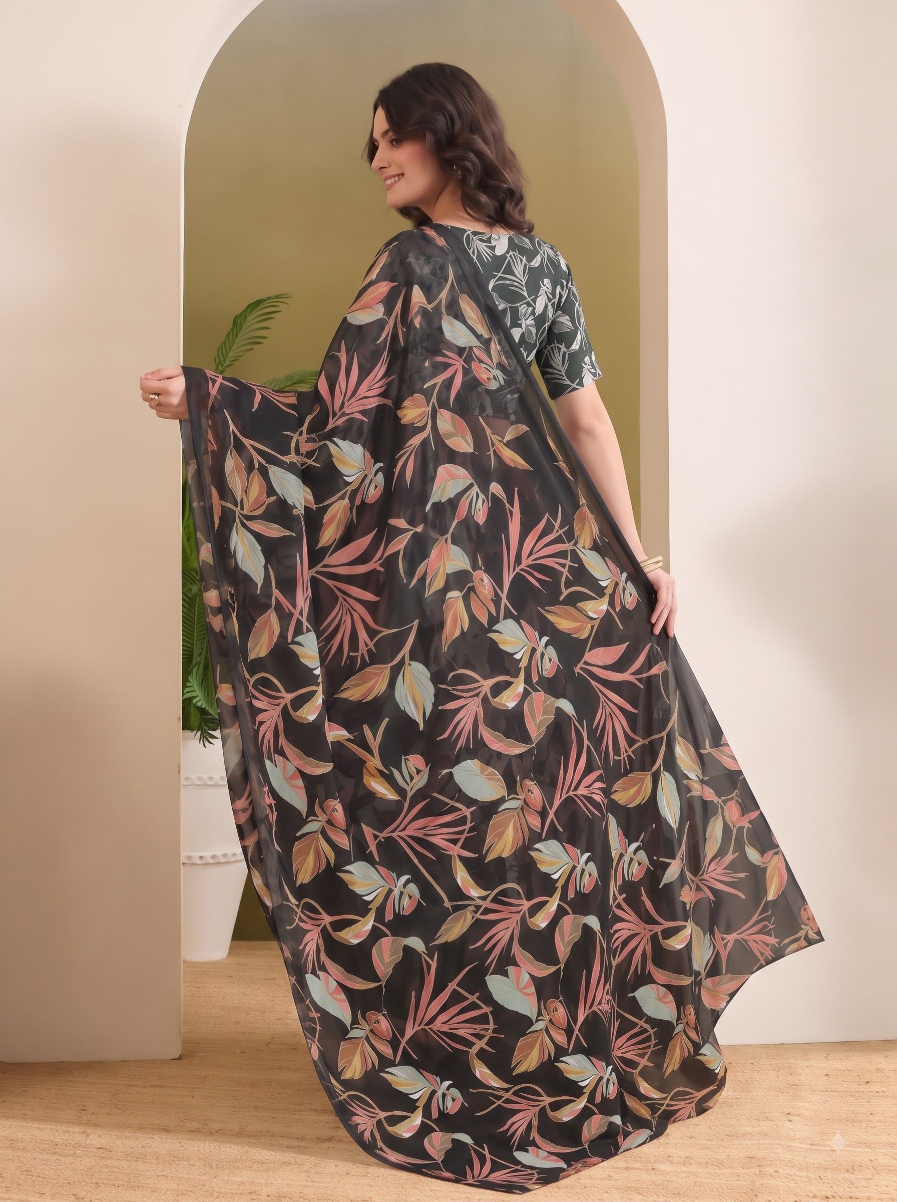 Black Blue Designer Printed Georgette Ready To Wear Saree — alternate view