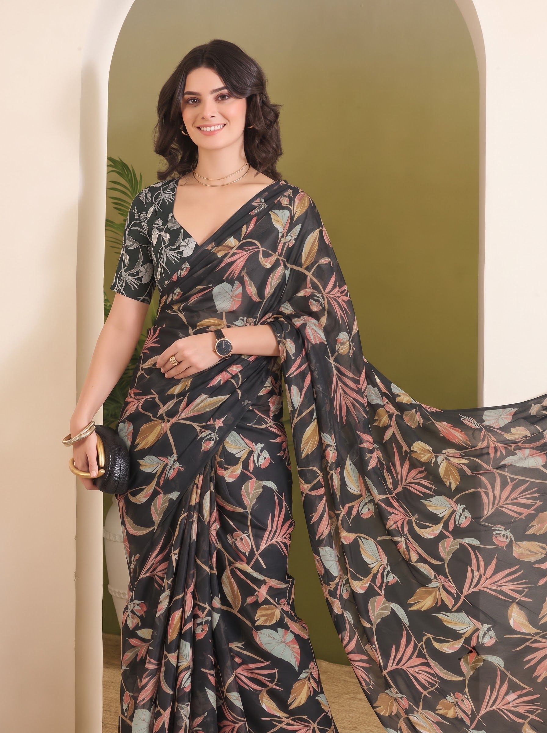 Black Blue Designer Printed Georgette Ready To Wear Saree