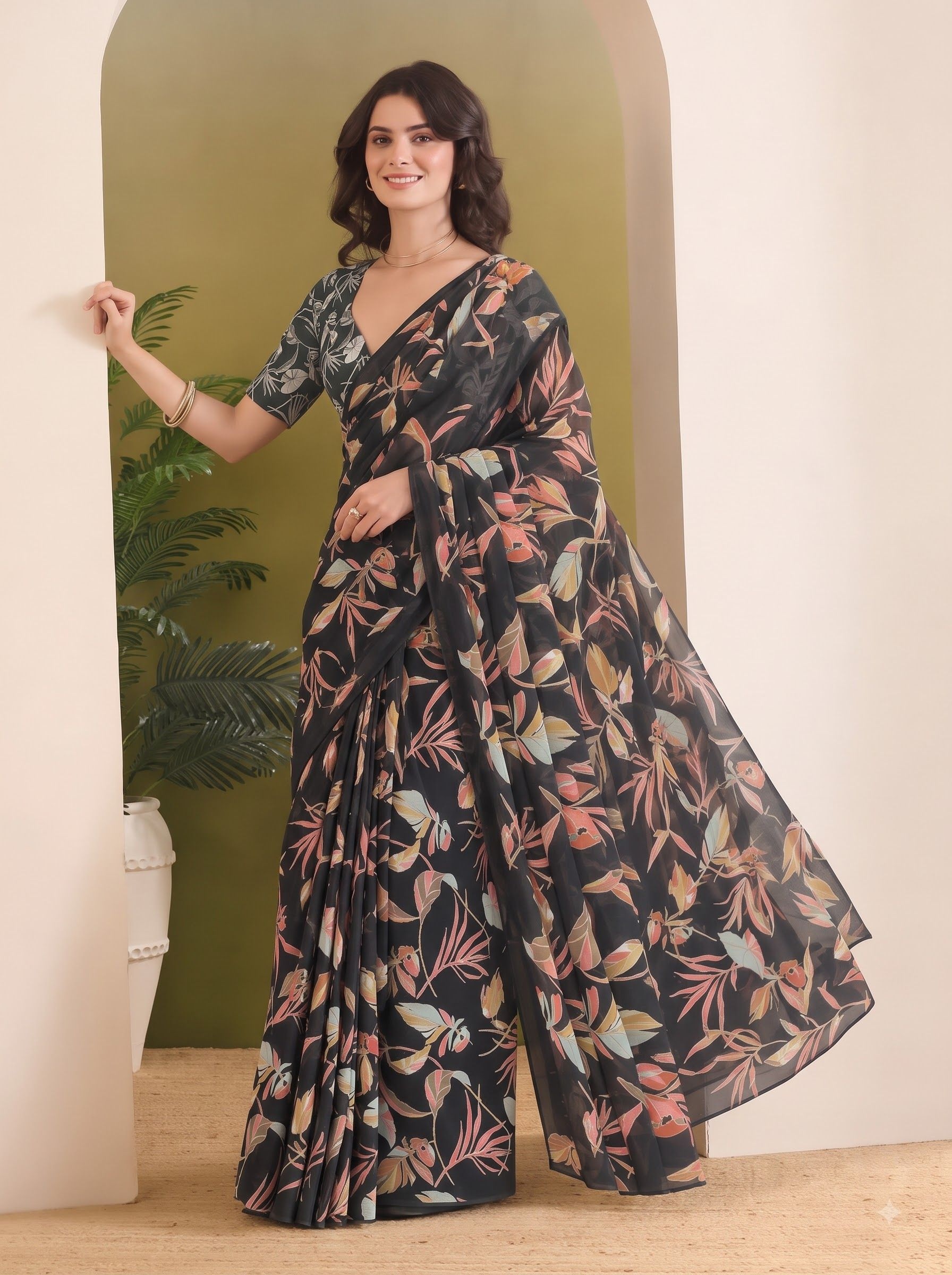 Black Blue Designer Printed Georgette Ready To Wear Saree