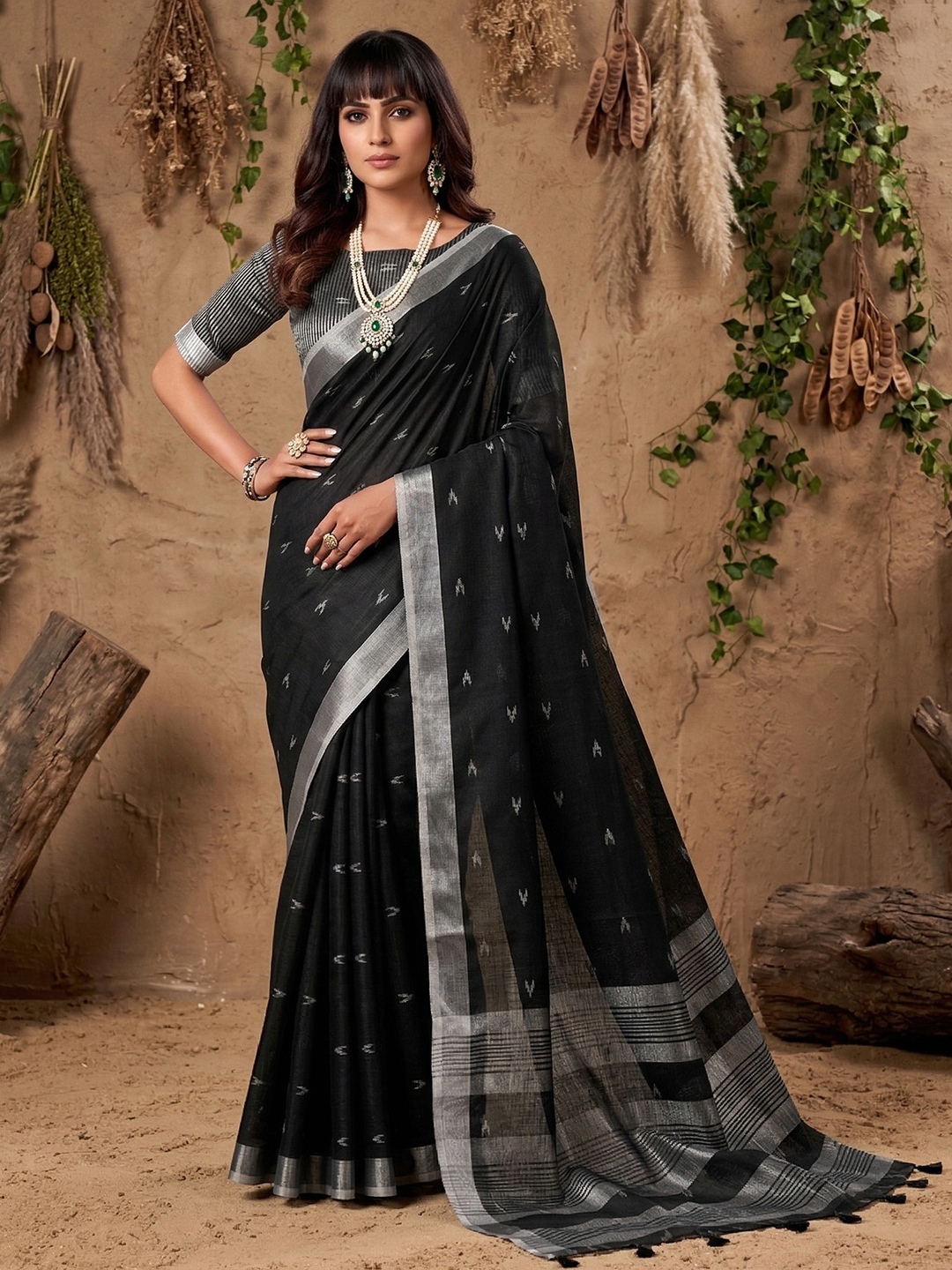 Black Border Embroidery Linen Saree