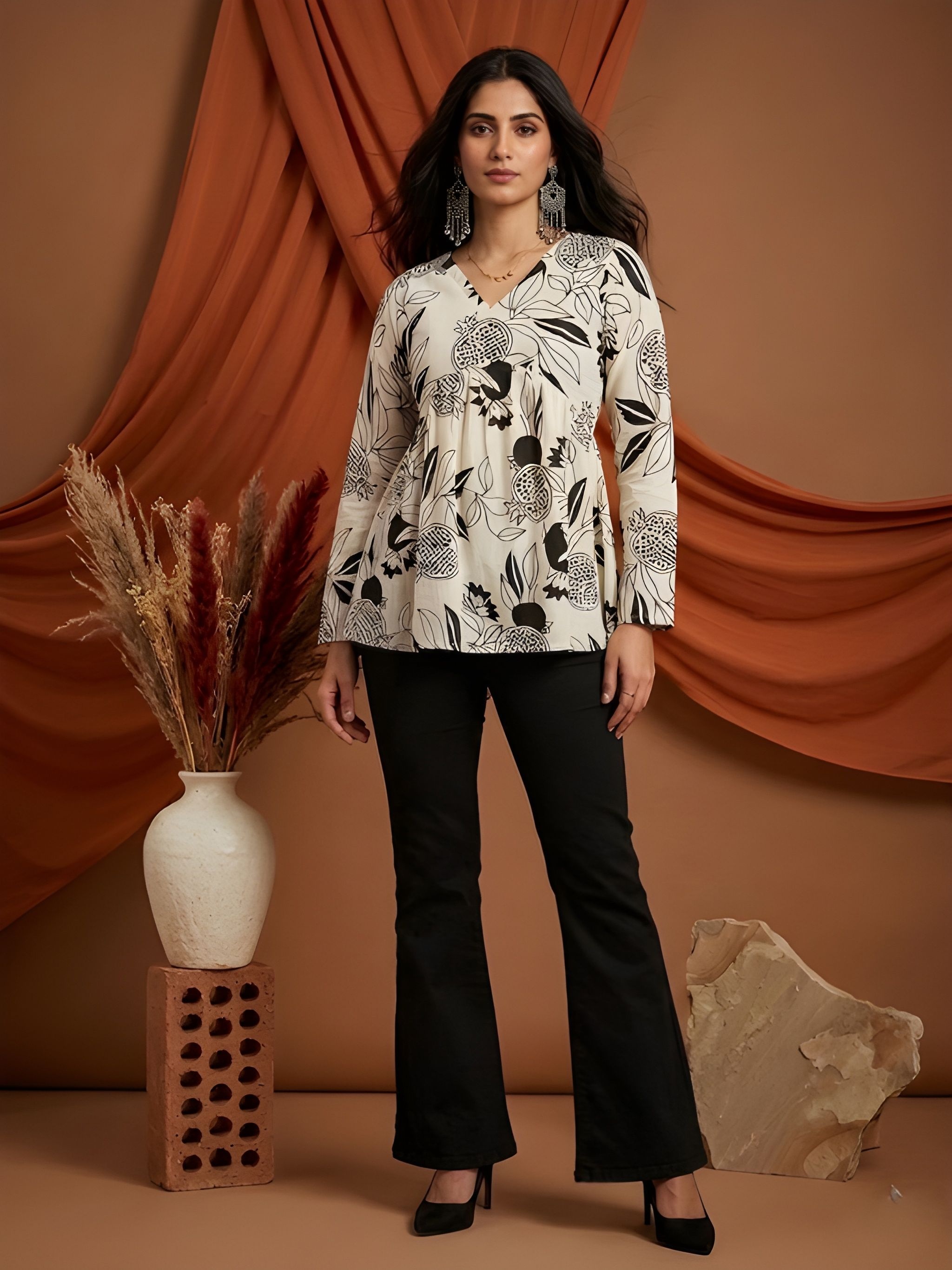 Black Botanical Cotton Kurti