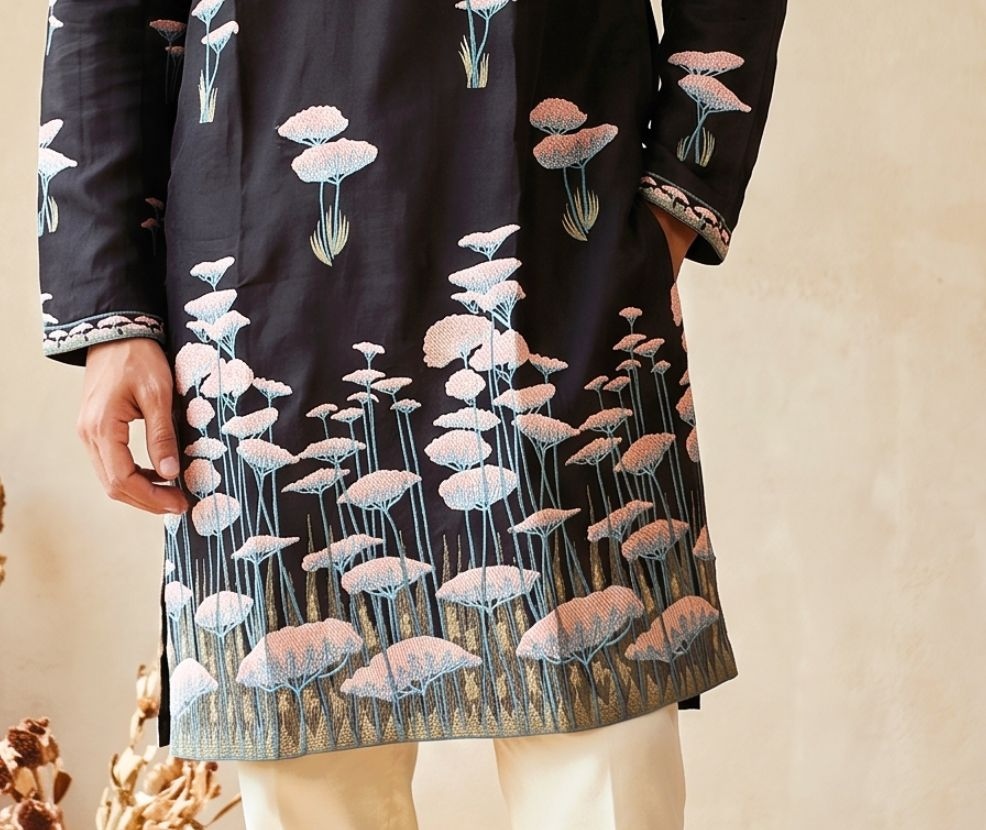 Black Botanical Embroidered Silk Kurta Pyjama — alternate view