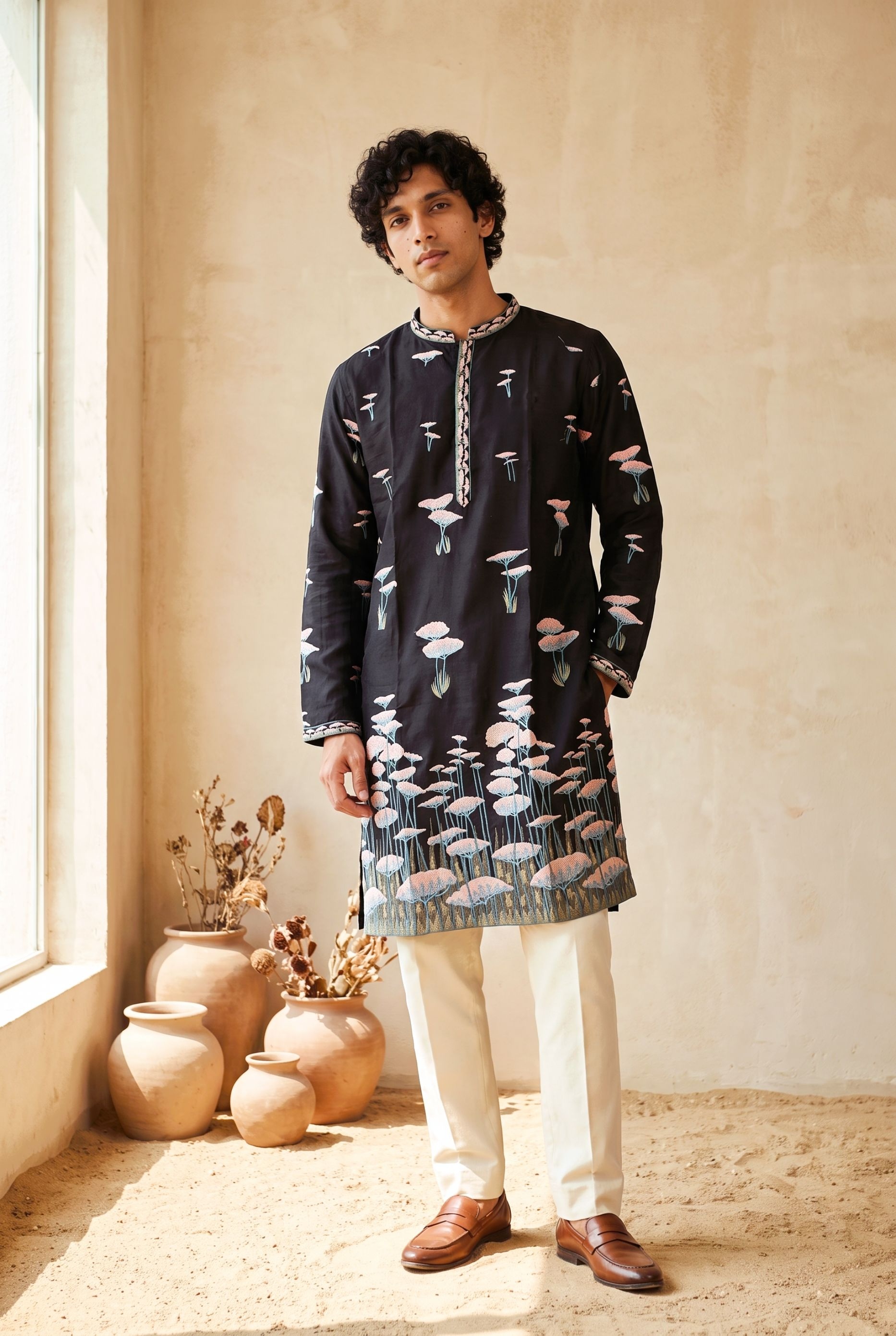 Black Botanical Embroidered Silk Kurta Pyjama