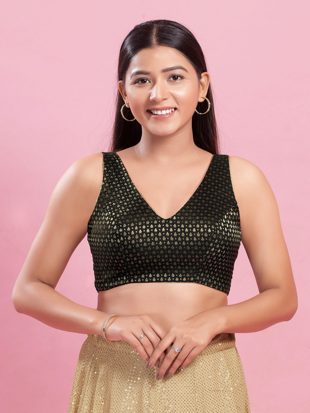 Black Brocade Sleeveless Zari Woven Blouse