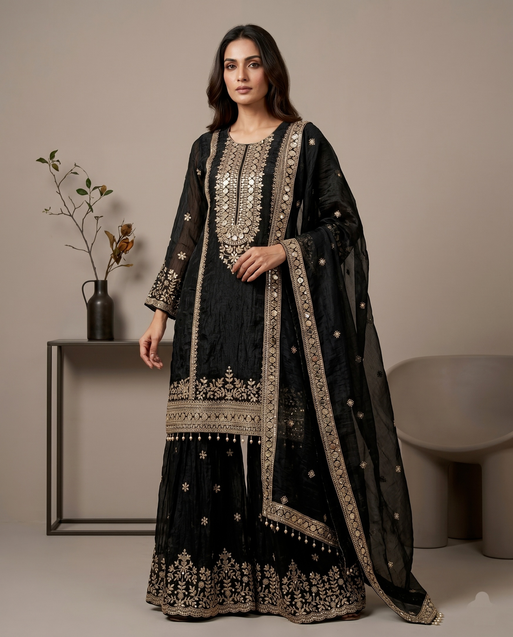 Black Buti Pure Fendy Silk Sharara Suit