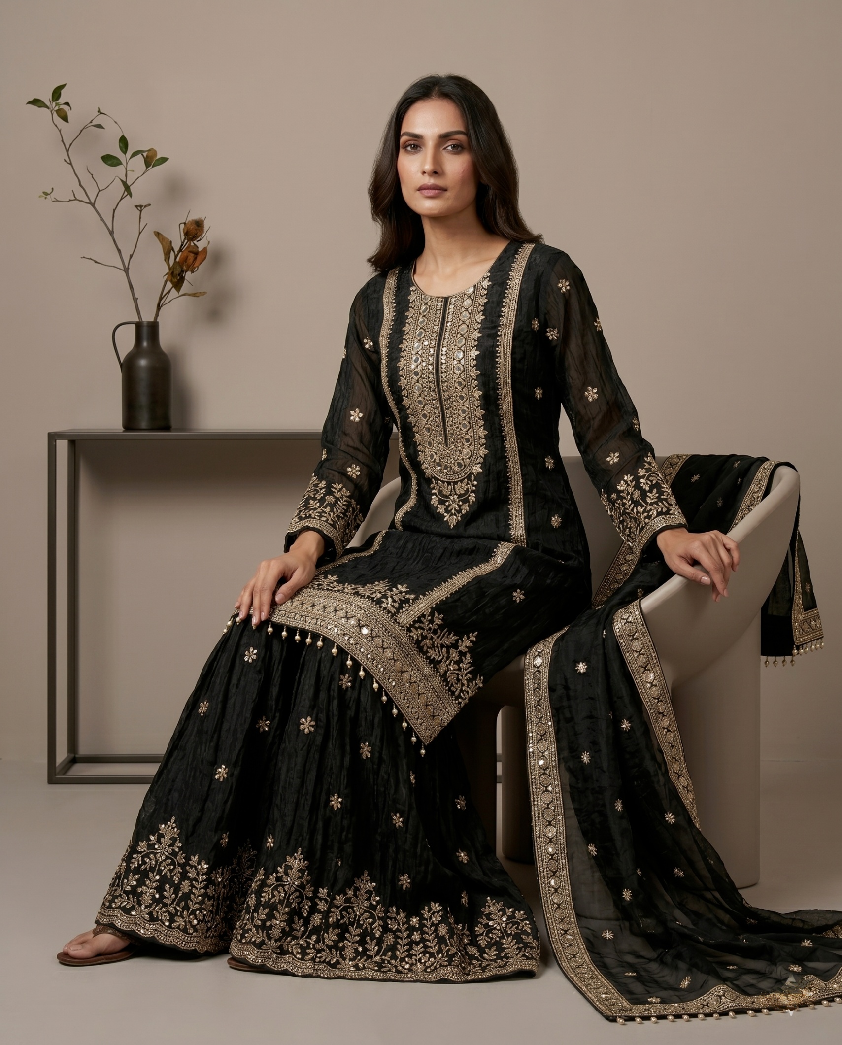 Black Buti Pure Fendy Silk Sharara Suit — alternate view