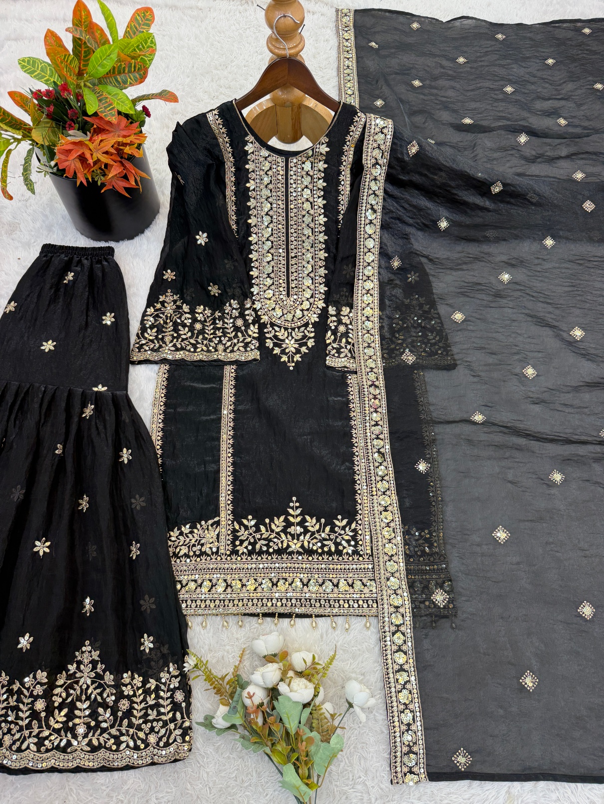 Black Buti Pure Fendy Silk Sharara Suit