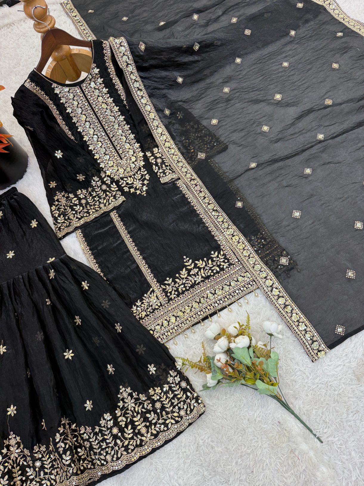 Black Buti Pure Fendy Silk Sharara Suit