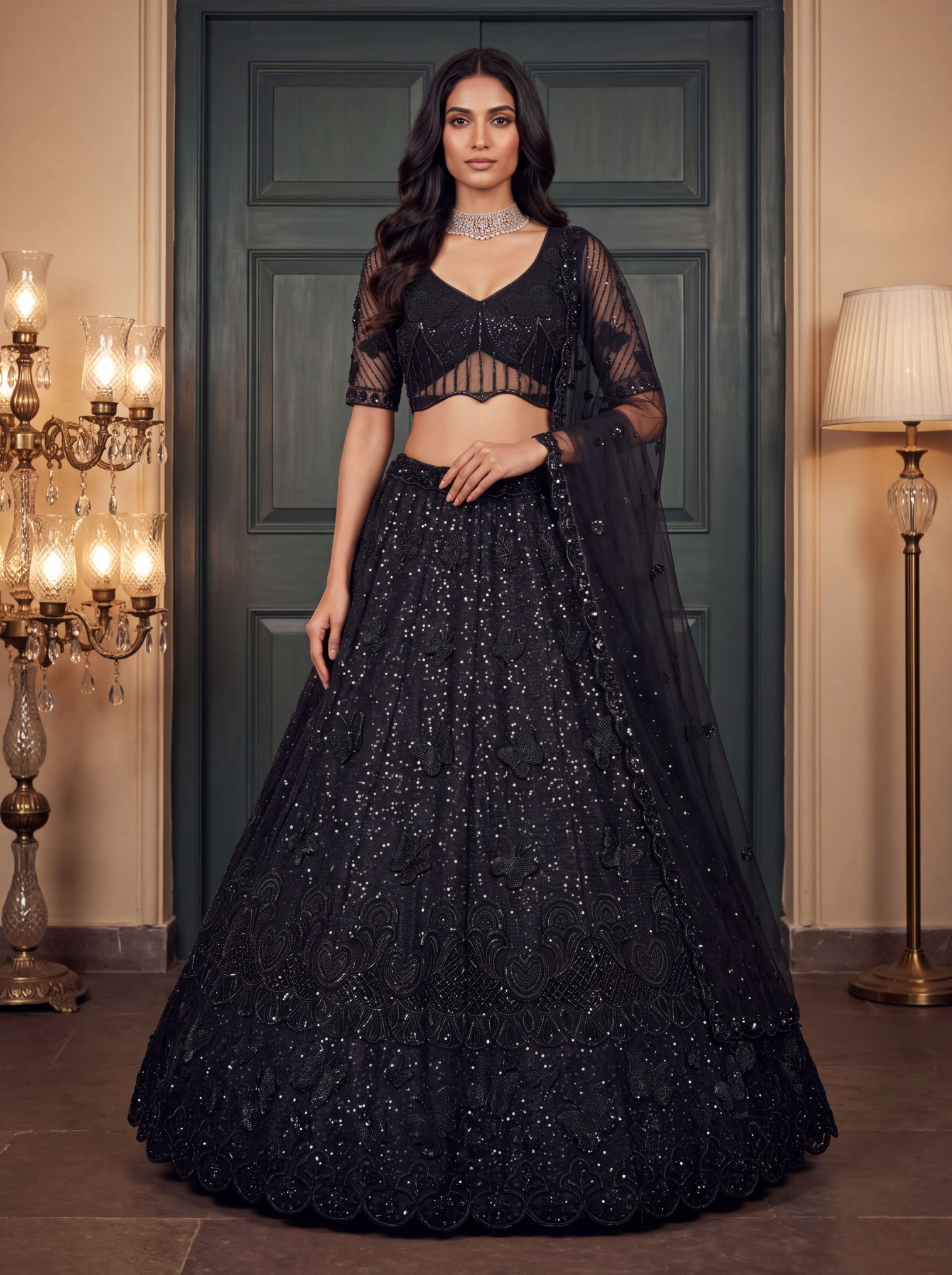 Black Butterfly Embroidered Net Flared Lehenga Choli