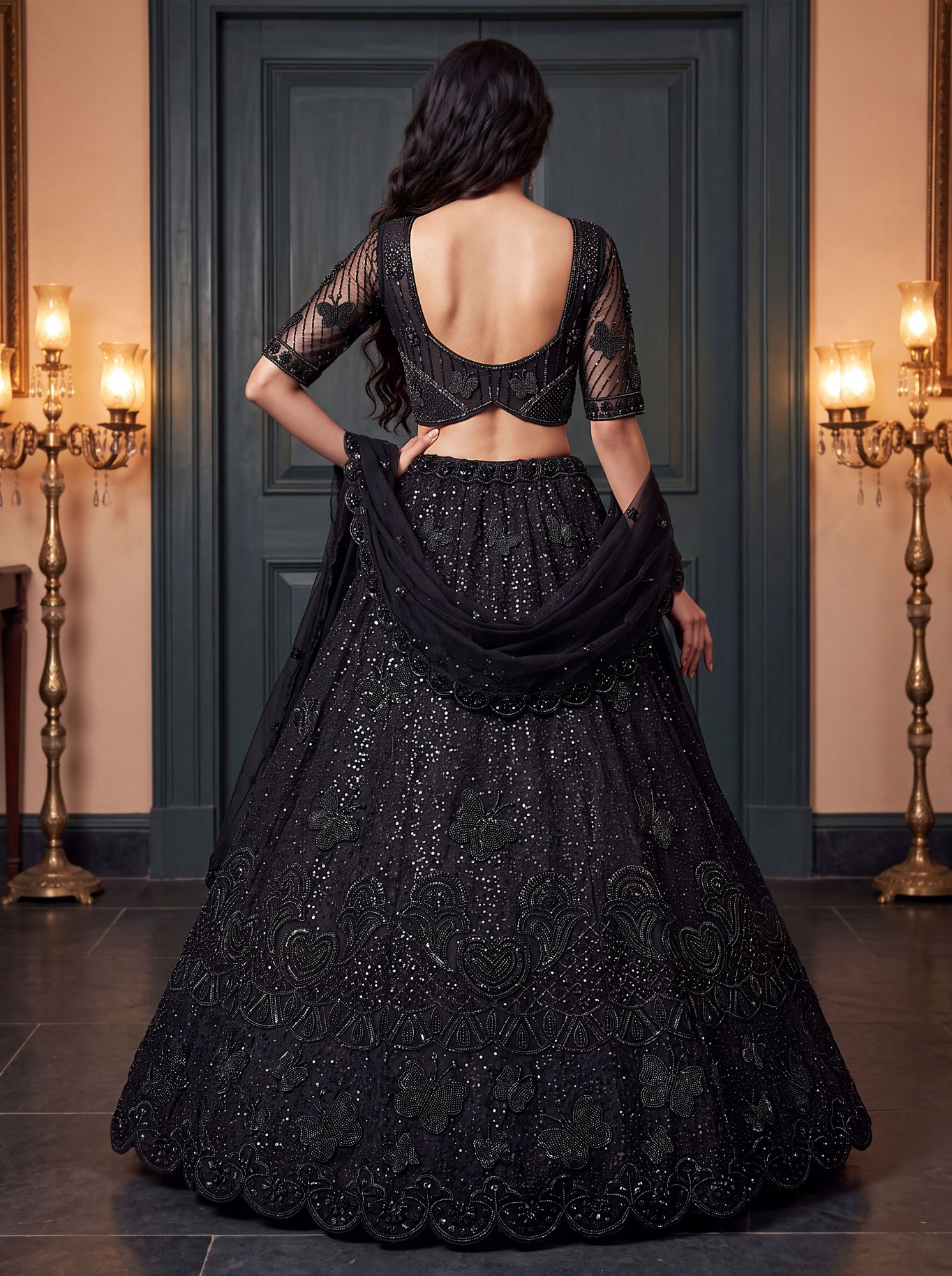 Black Butterfly Embroidered Net Flared Lehenga Choli — alternate view