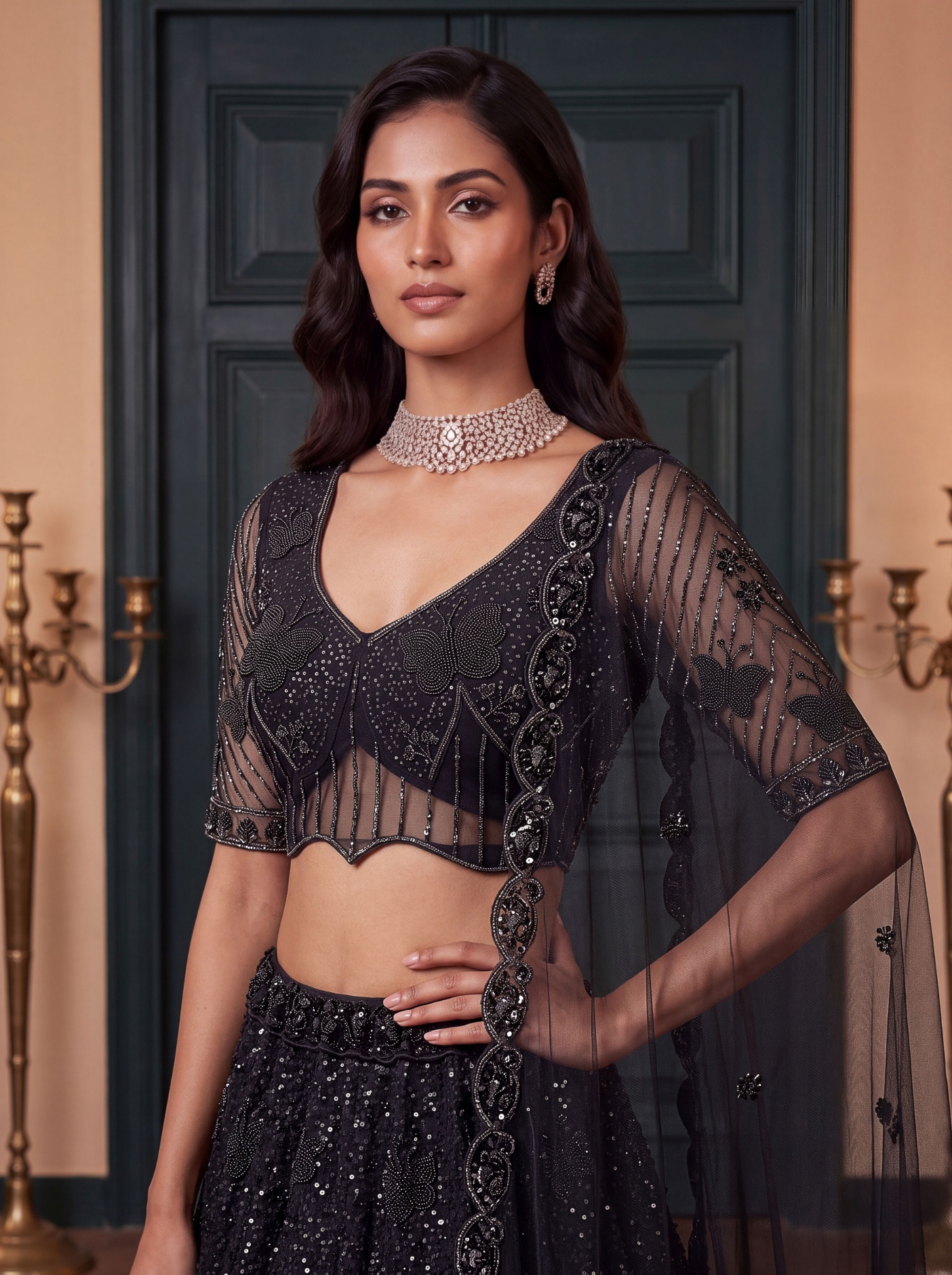 Black Butterfly Embroidered Net Flared Lehenga Choli