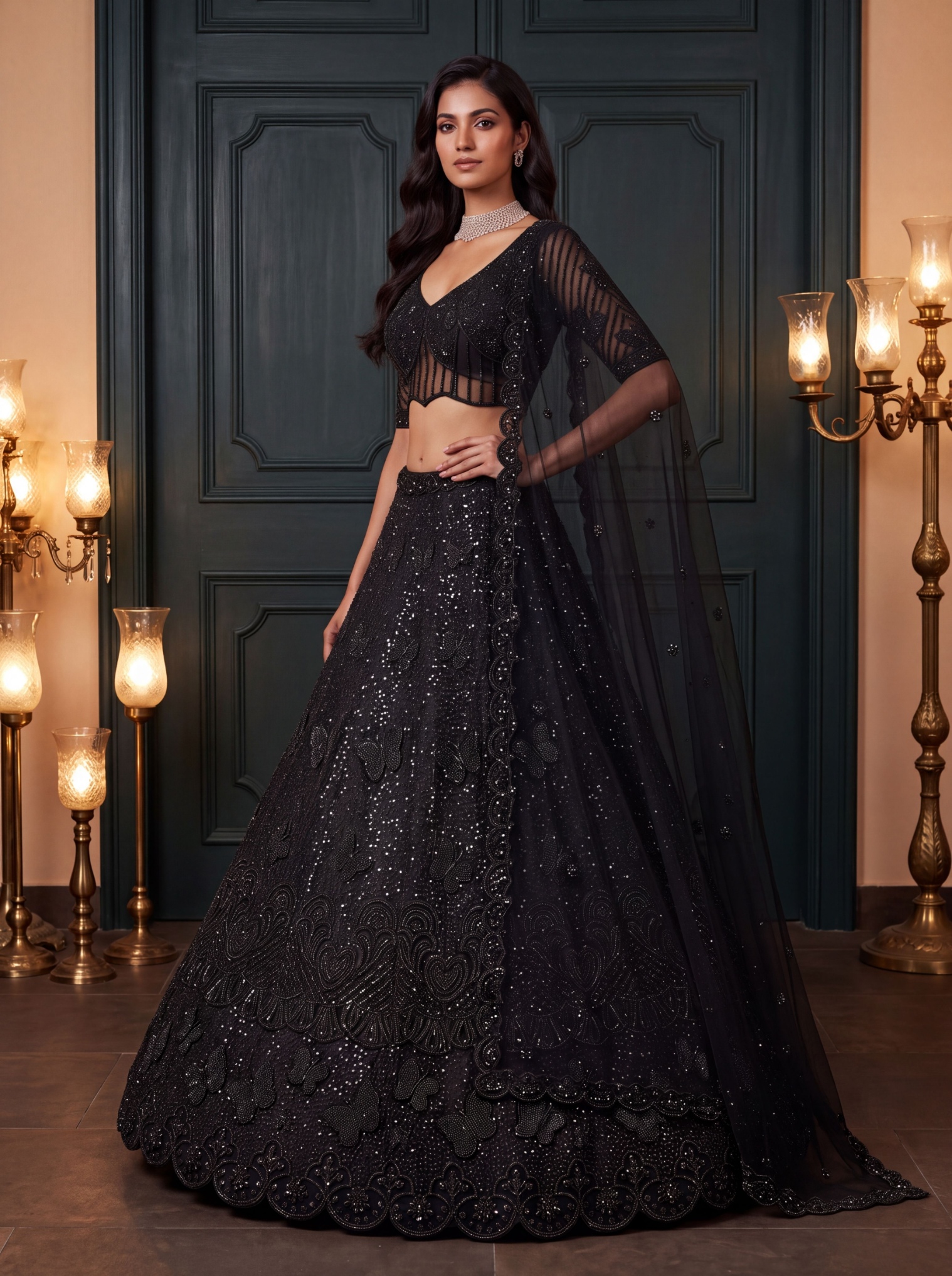 Black Butterfly Embroidered Net Flared Lehenga Choli