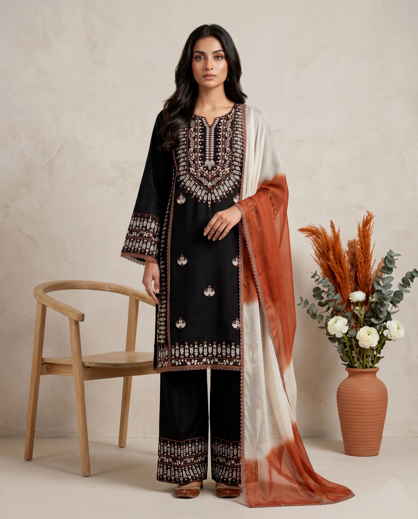 Black Butti Embroidery Thread Rayon Cotton Sharara Suit