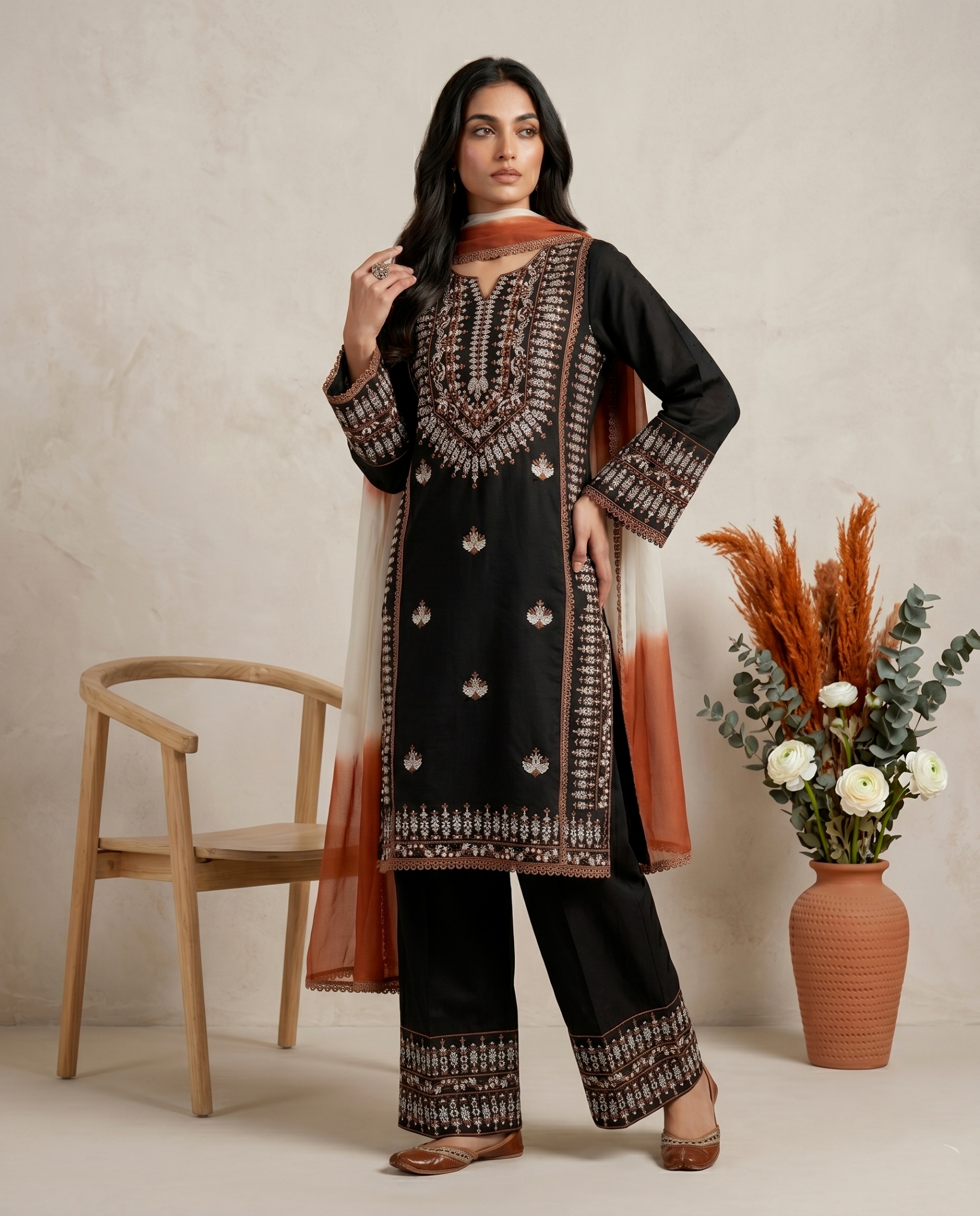 Black Butti Embroidery Thread Rayon Cotton Sharara Suit — alternate view