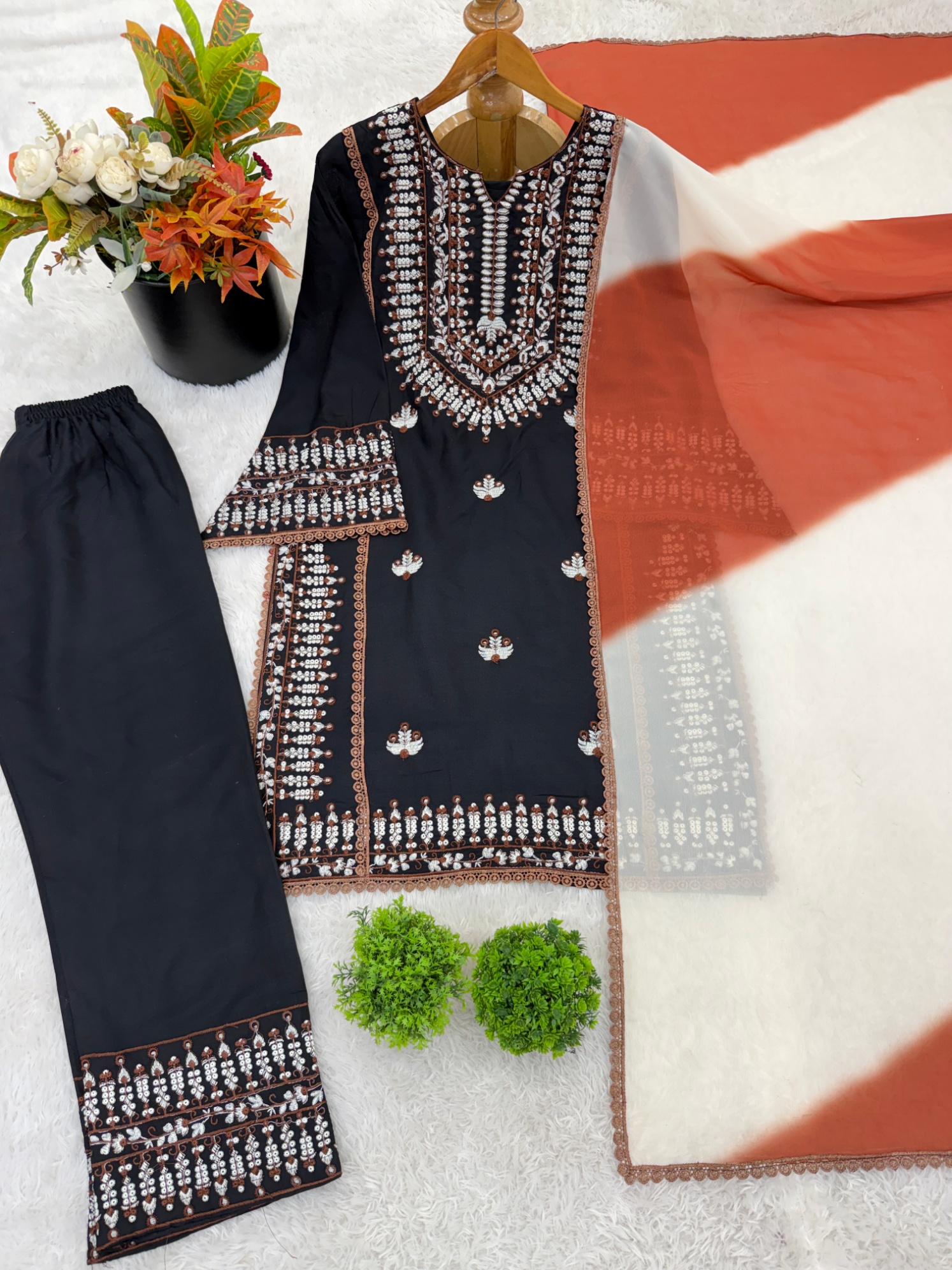 Black Butti Embroidery Thread Rayon Cotton Sharara Suit