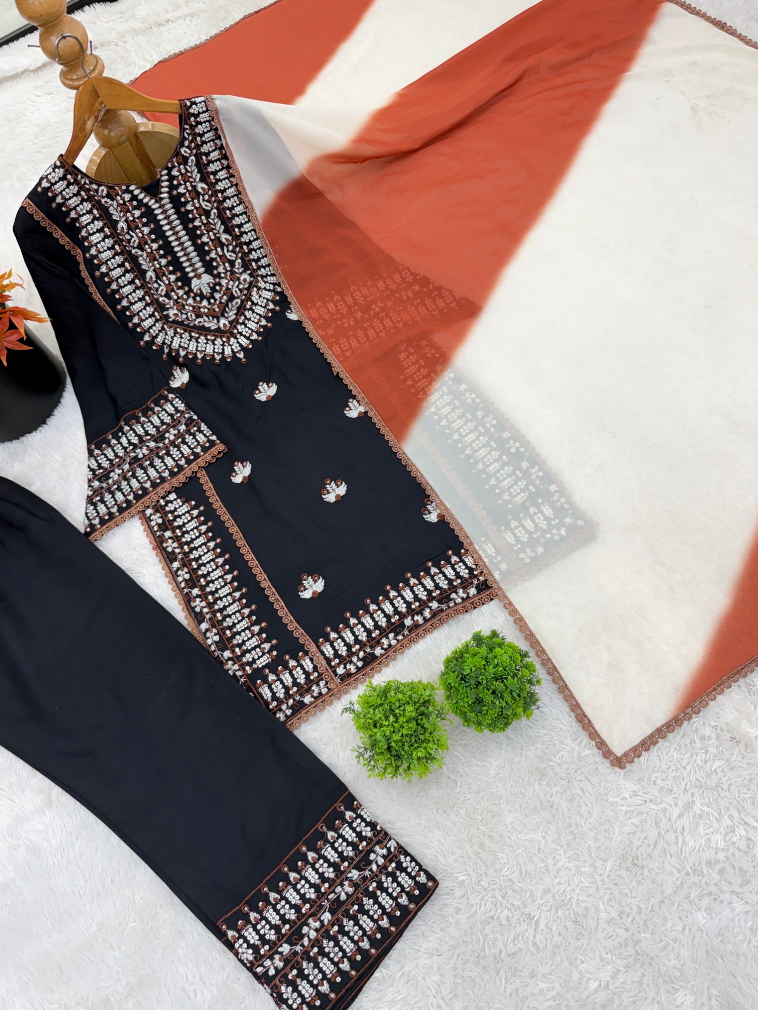 Black Butti Embroidery Thread Rayon Cotton Sharara Suit