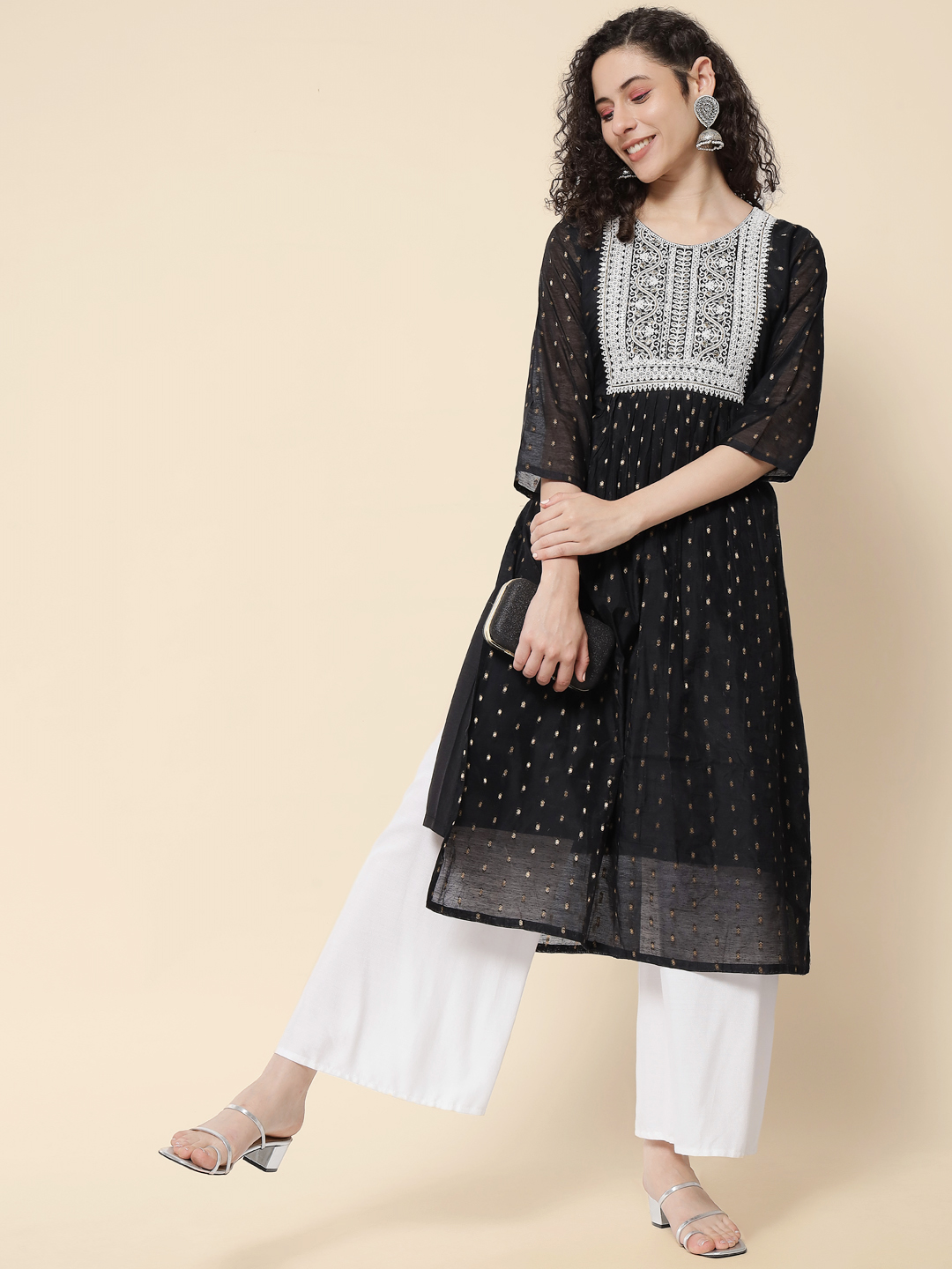Black Chanderi Modal Embroidered Kurti