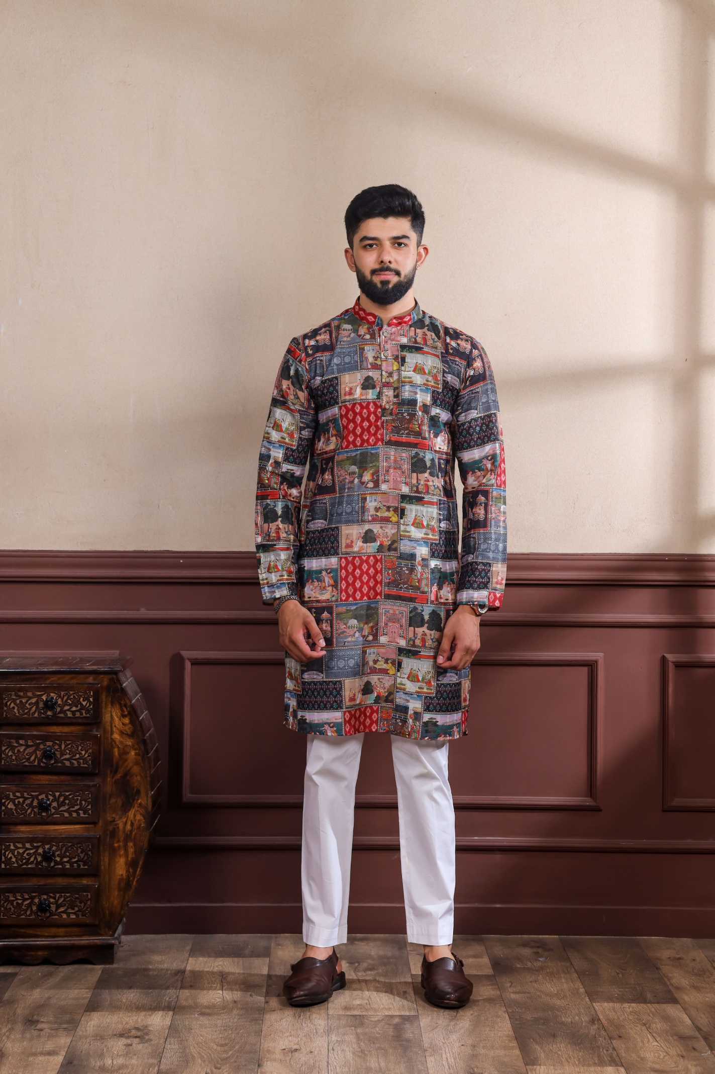 Black Checks Printed Cotton Kurta Pyjama