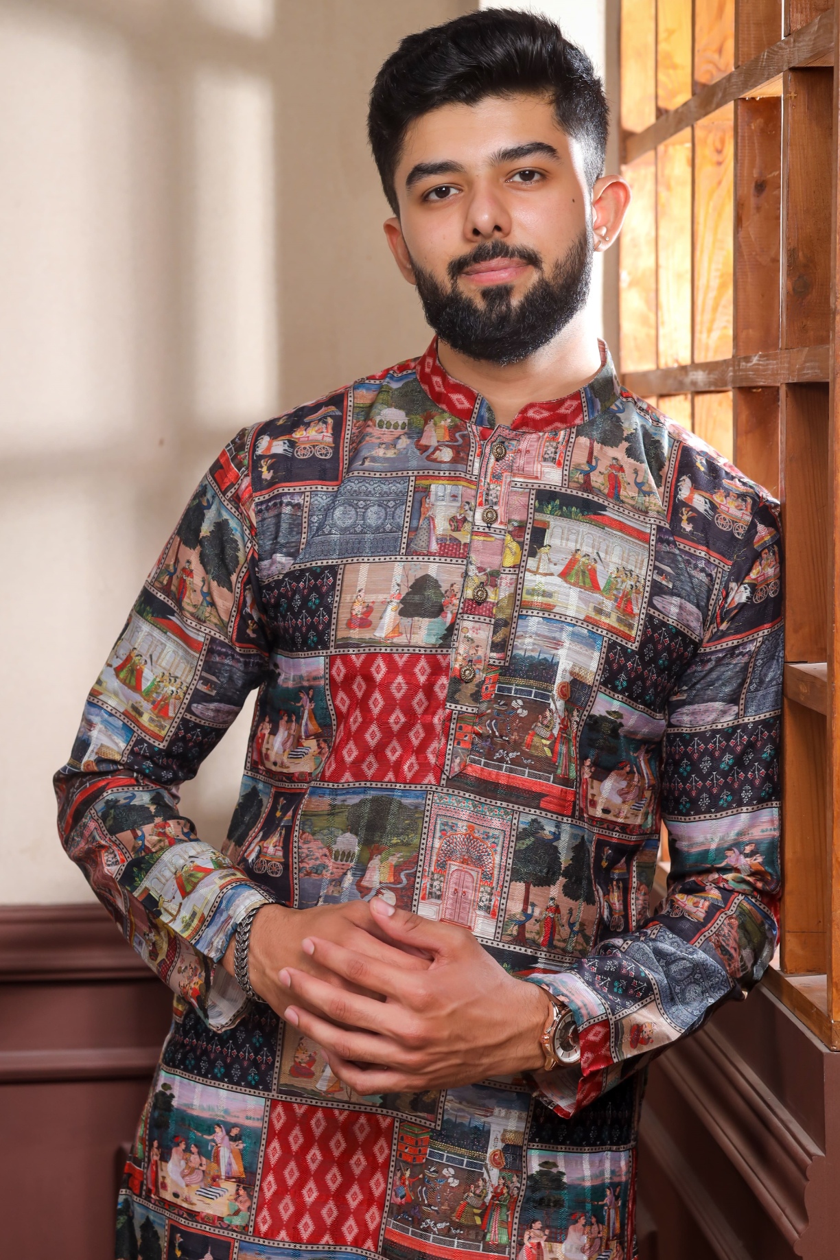 Black Checks Printed Cotton Kurta Pyjama