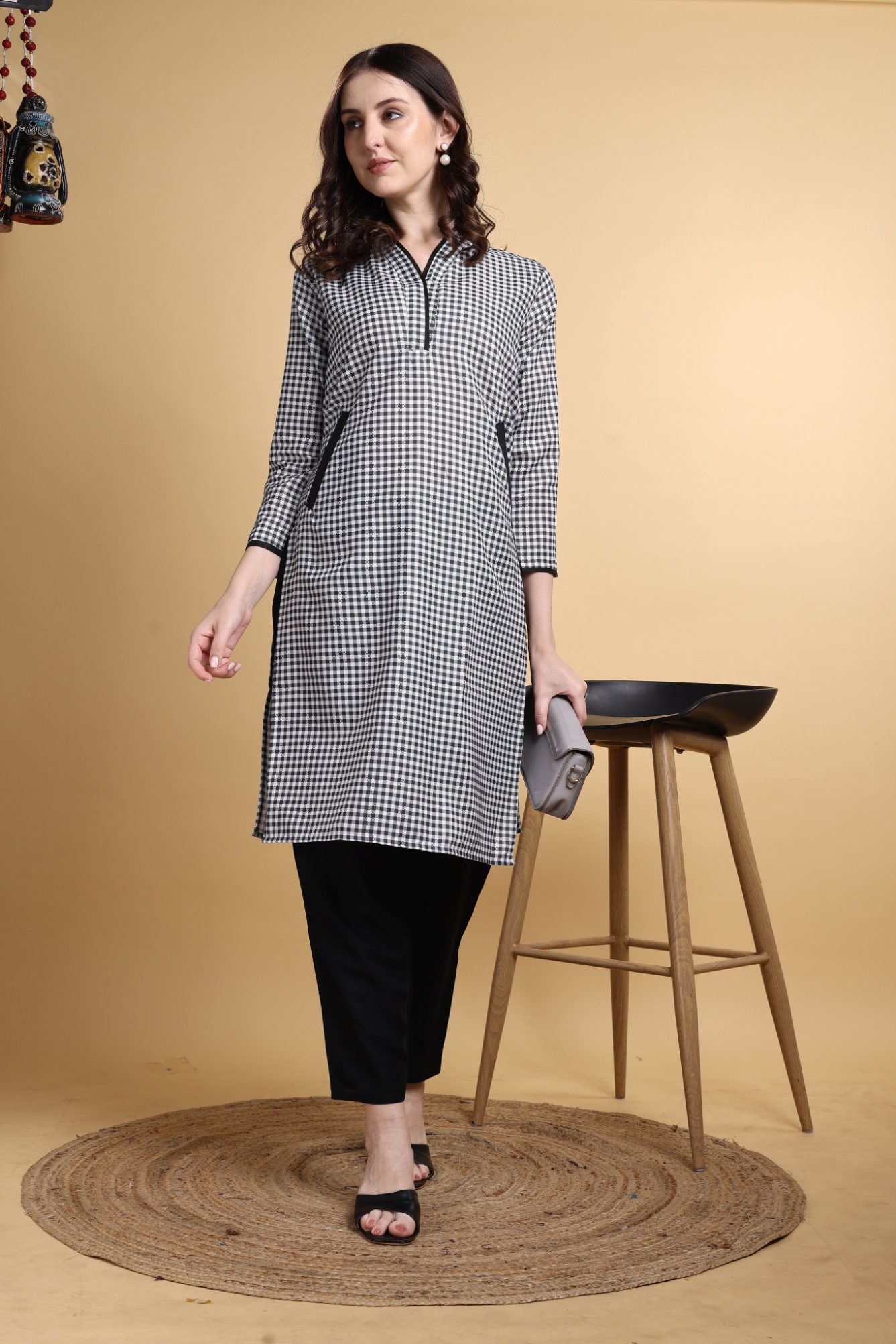 Black Checks Rayon Cotton Kurta Set
