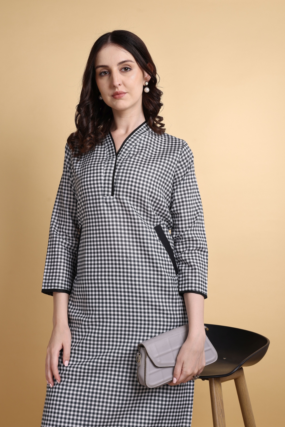 Black Checks Rayon Cotton Kurta Set