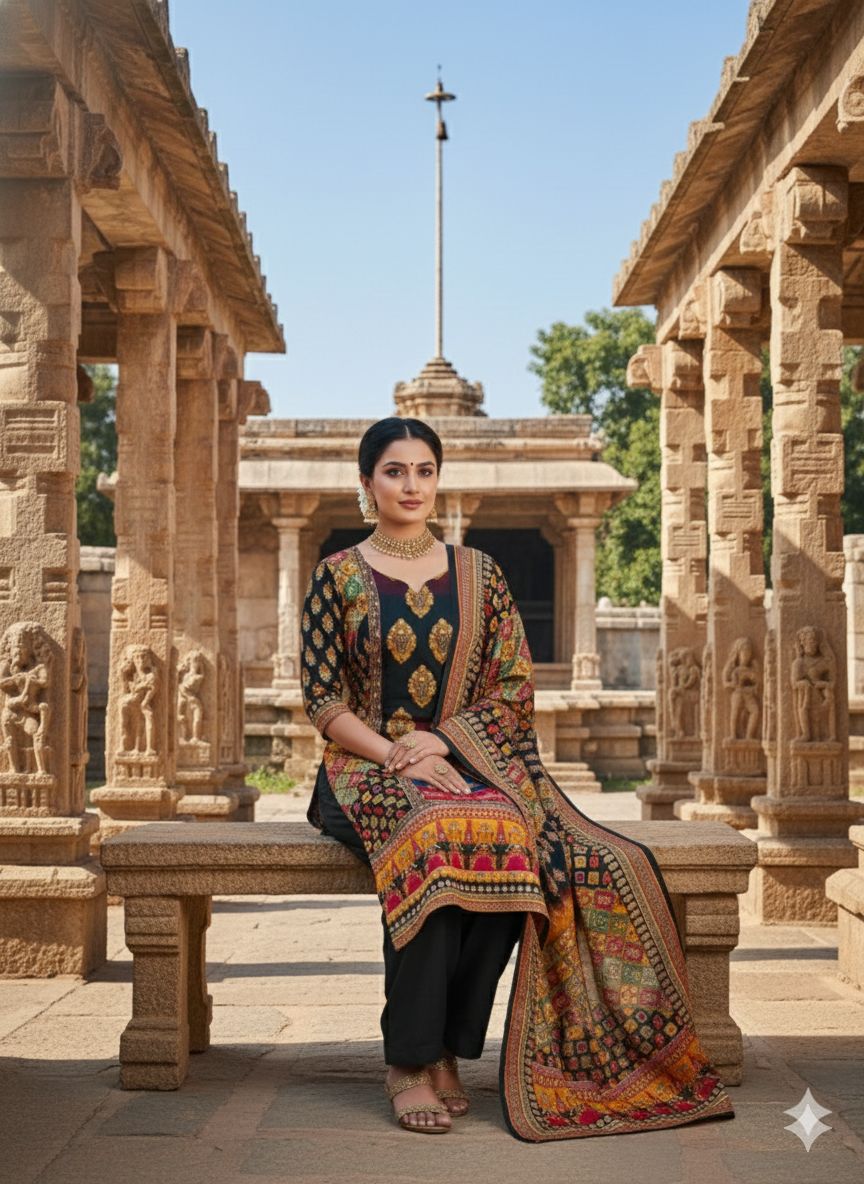 Black Chinon Designer Printed Salwar Suit — alternate view