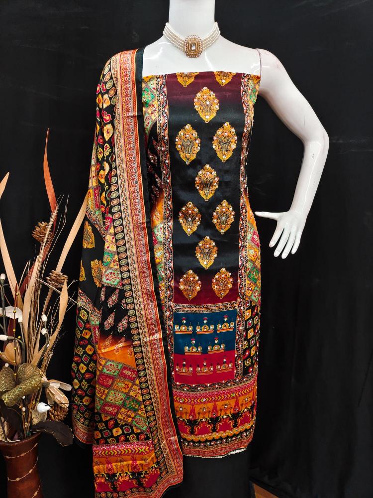 Black Chinon Designer Printed Salwar Suit
