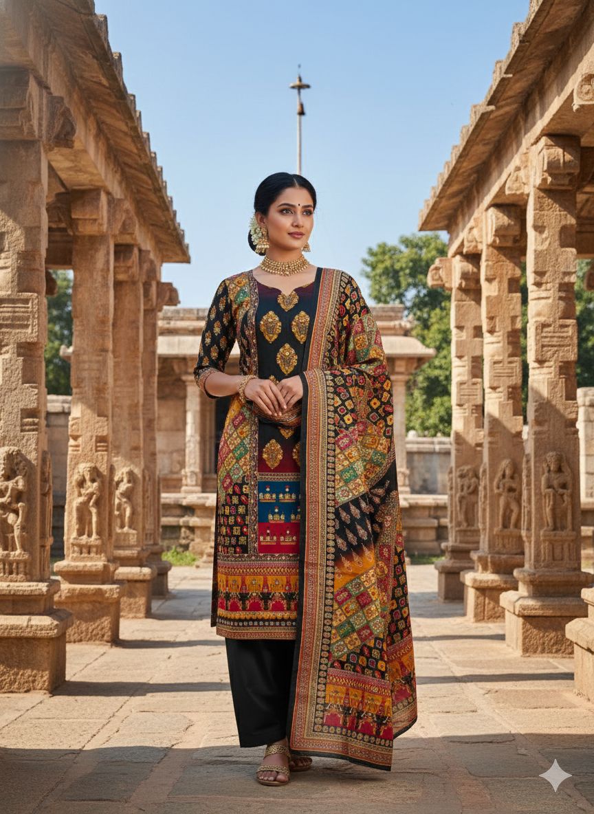 Black Chinon Designer Printed Salwar Suit