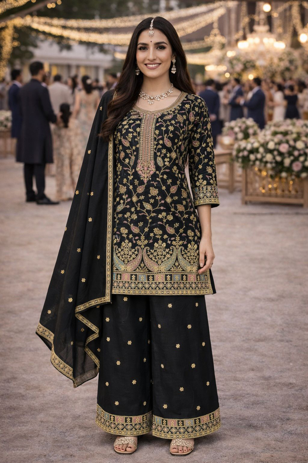Black Chinon Embroidered Palazzo Suit