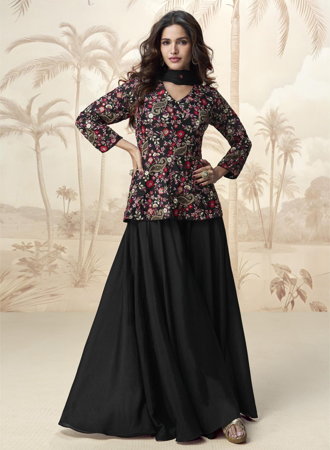 Black Chinon Heavy Designer Embroidery Palazzo Suit
