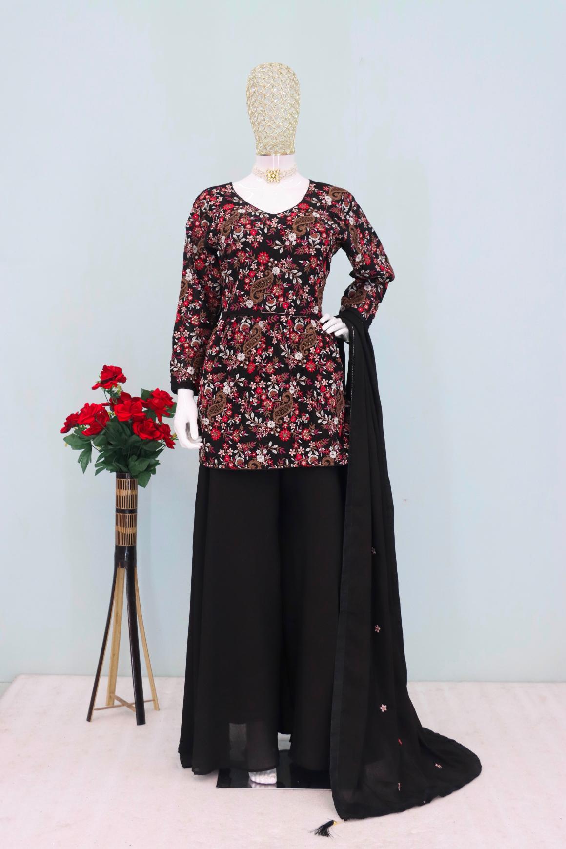 Black Chinon Heavy Designer Embroidery Palazzo Suit