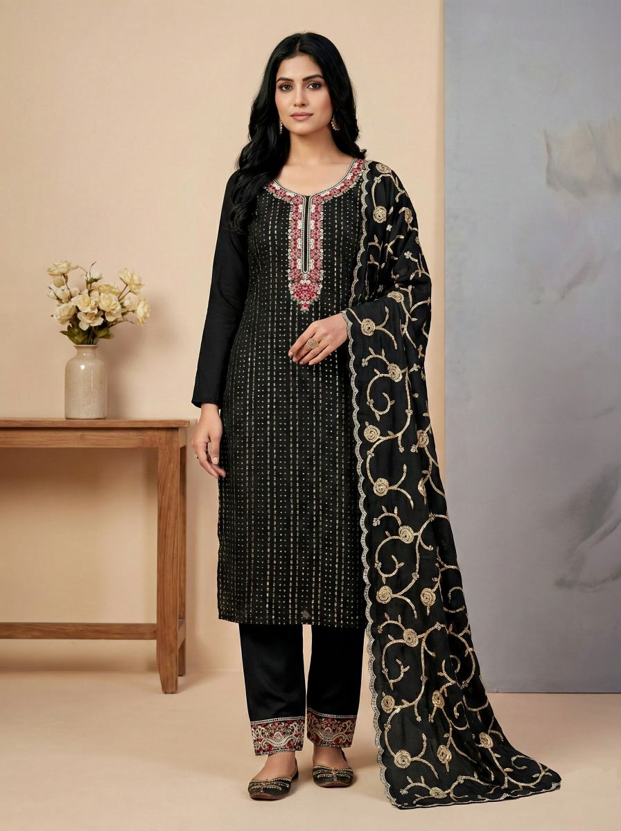 Black Chinon Silk Sequins Thread Festive Suit