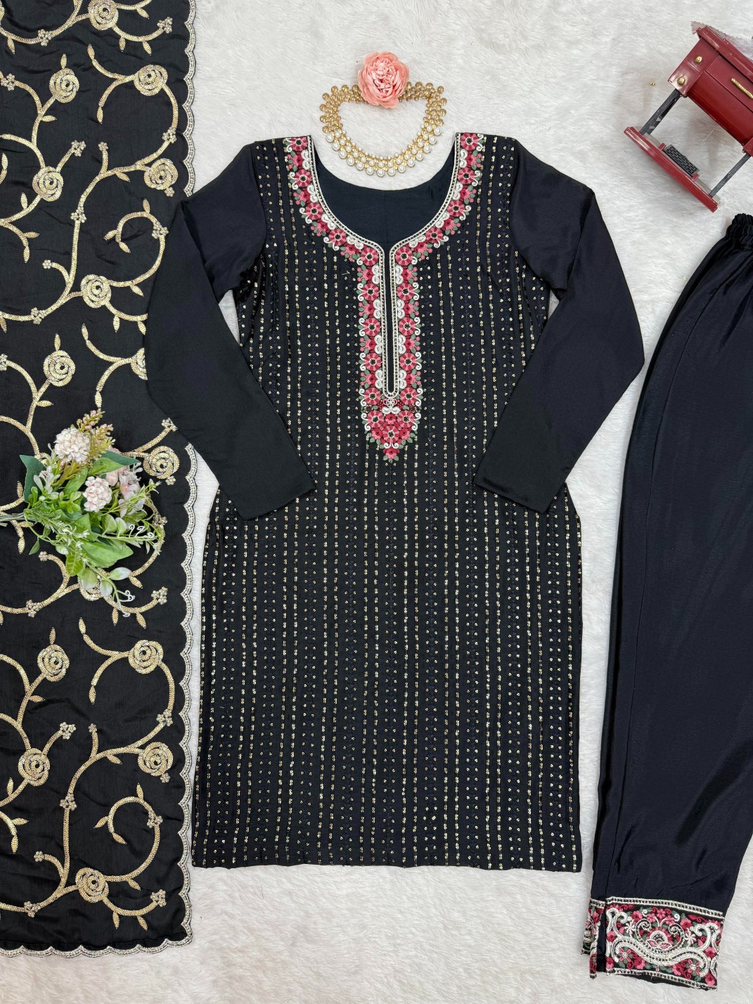 Black Chinon Silk Sequins Thread Festive Suit — alternate view
