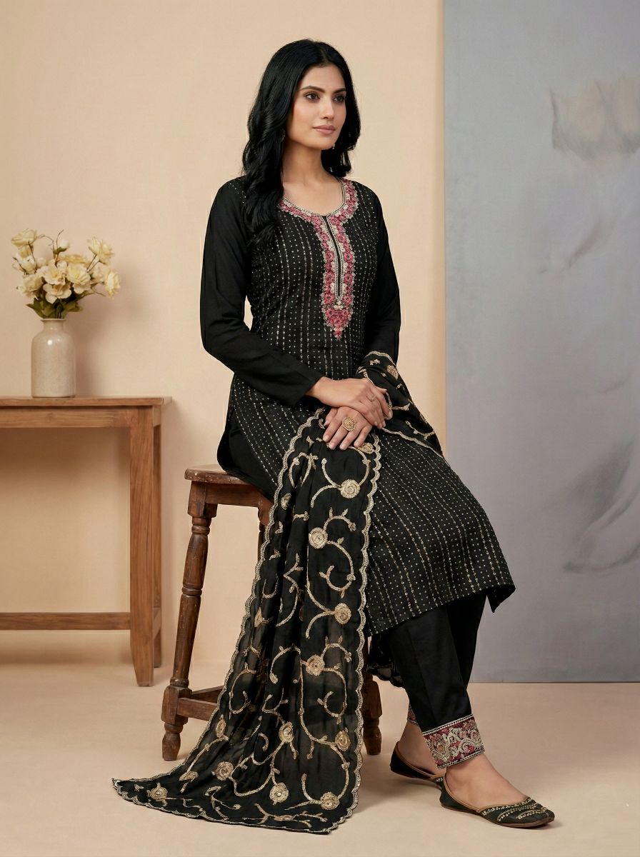 Black Chinon Silk Sequins Thread Festive Suit