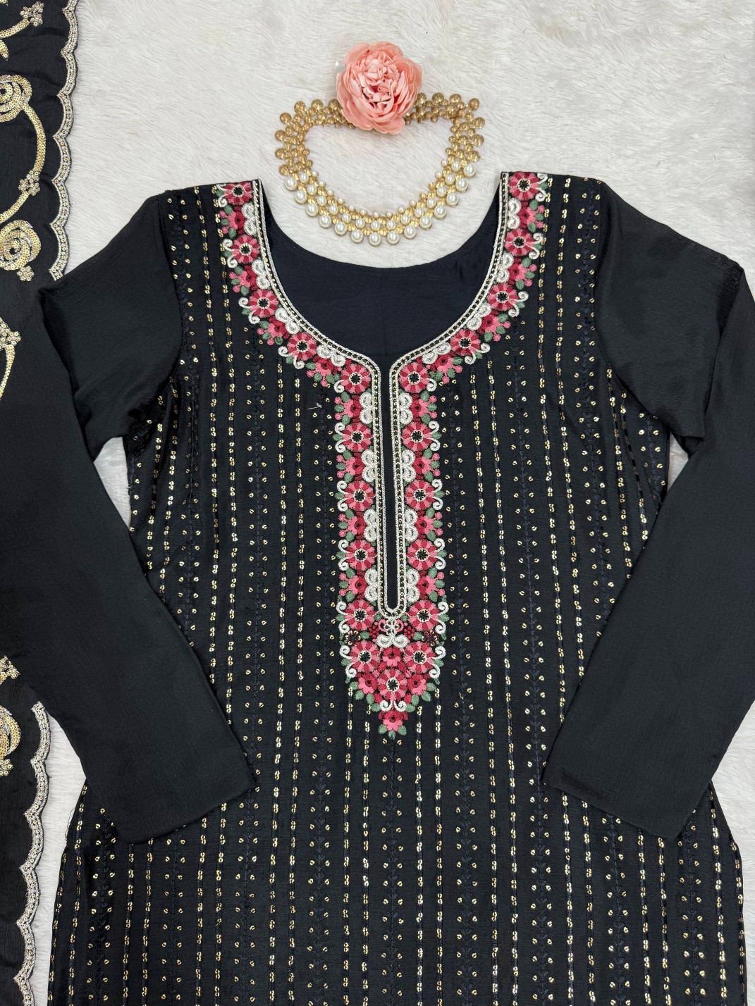 Black Chinon Silk Sequins Thread Festive Suit