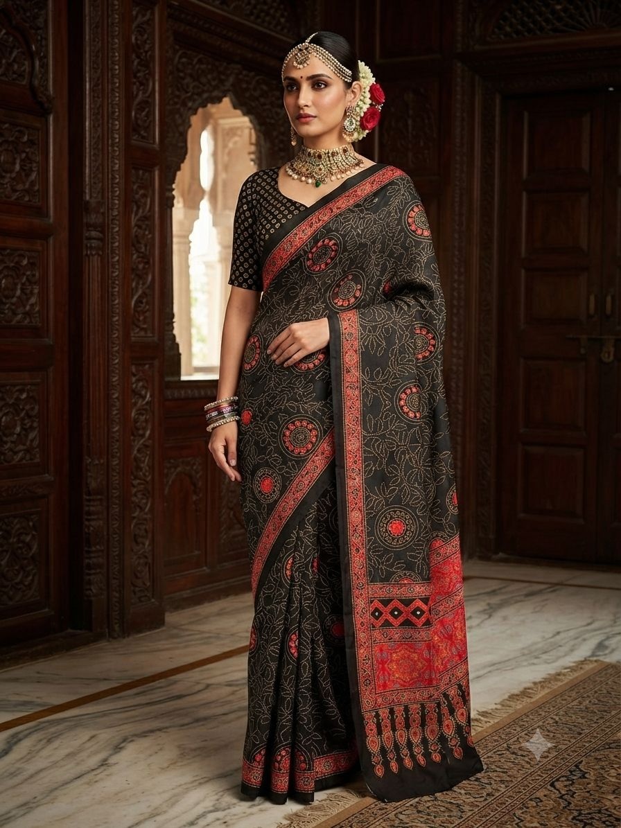 Black Circular Motif Printed Crepe Silk Saree