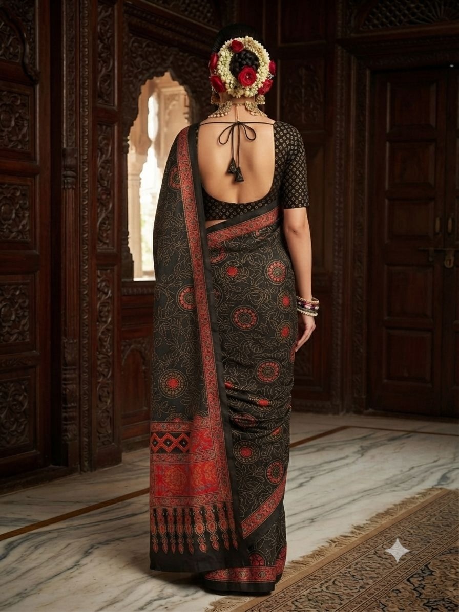 Black Circular Motif Printed Crepe Silk Saree — alternate view