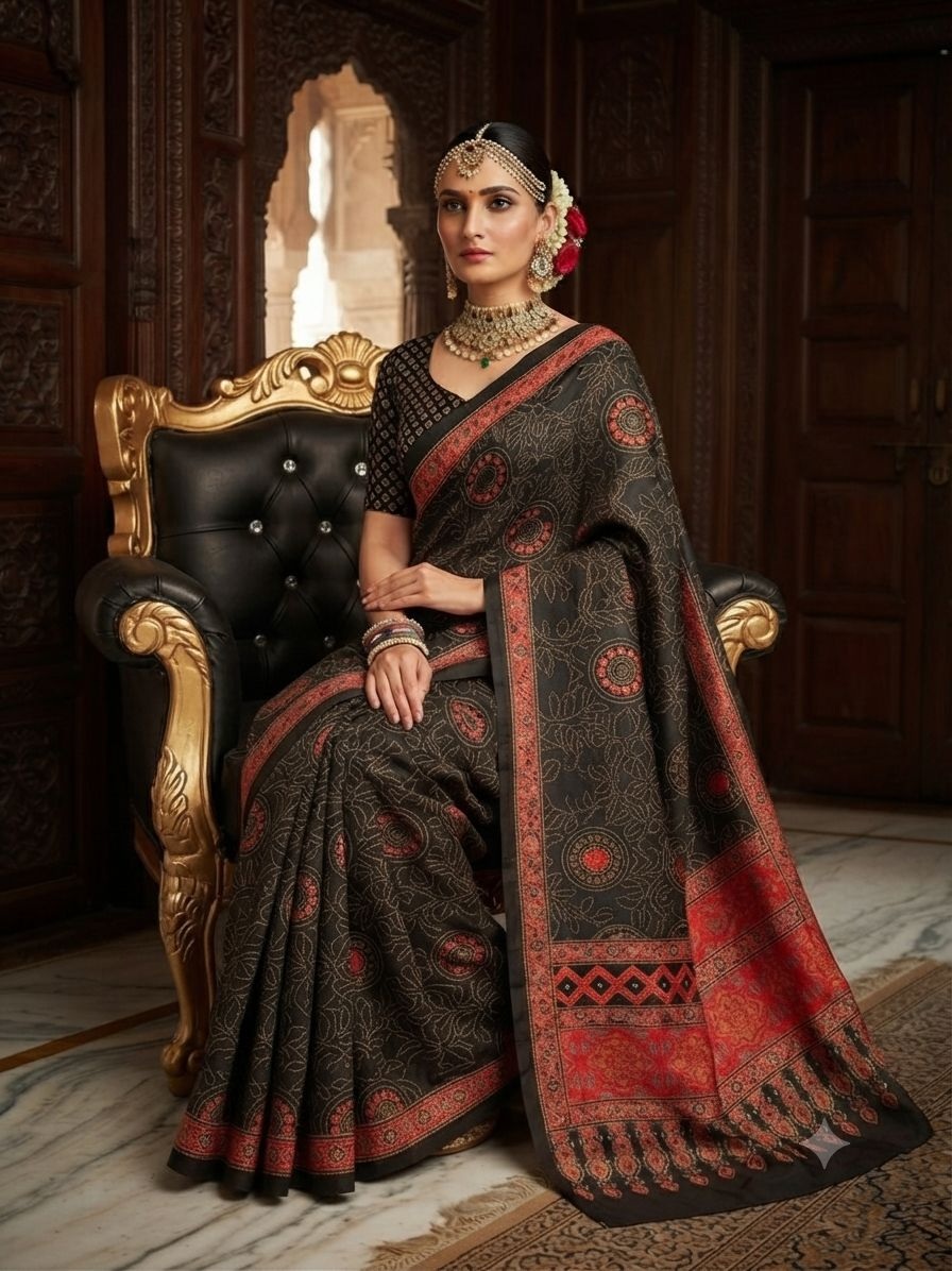 Black Circular Motif Printed Crepe Silk Saree