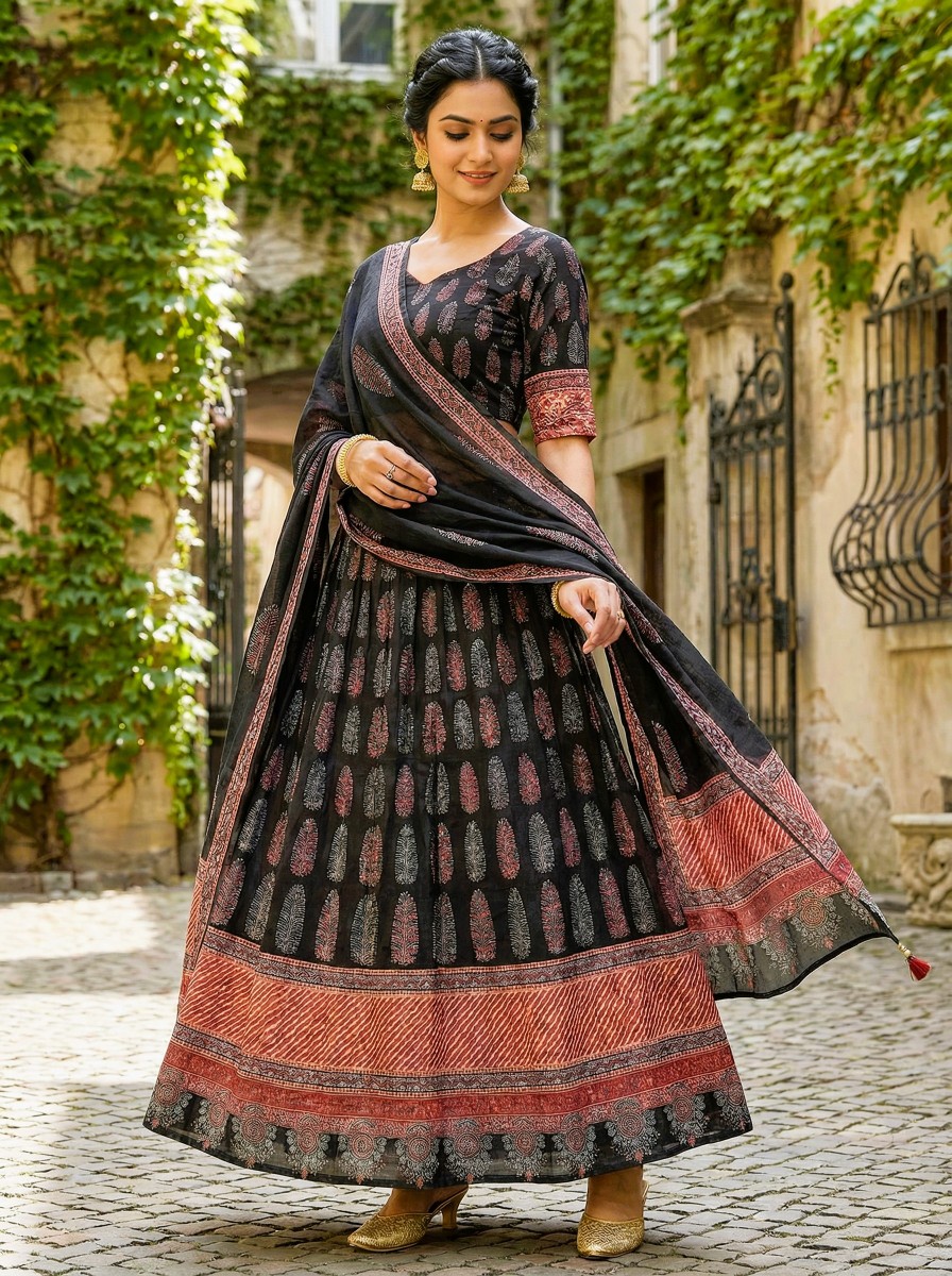 Black Classic Digital Print Cotton Rayon Lehenga Choli