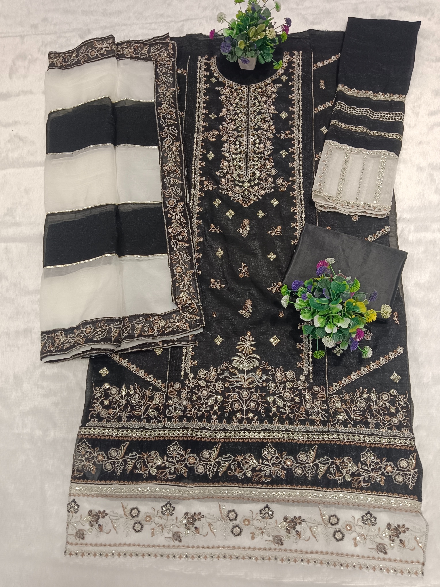 Black Contemporary Embroidered Crunchy Silk Salwar Suit