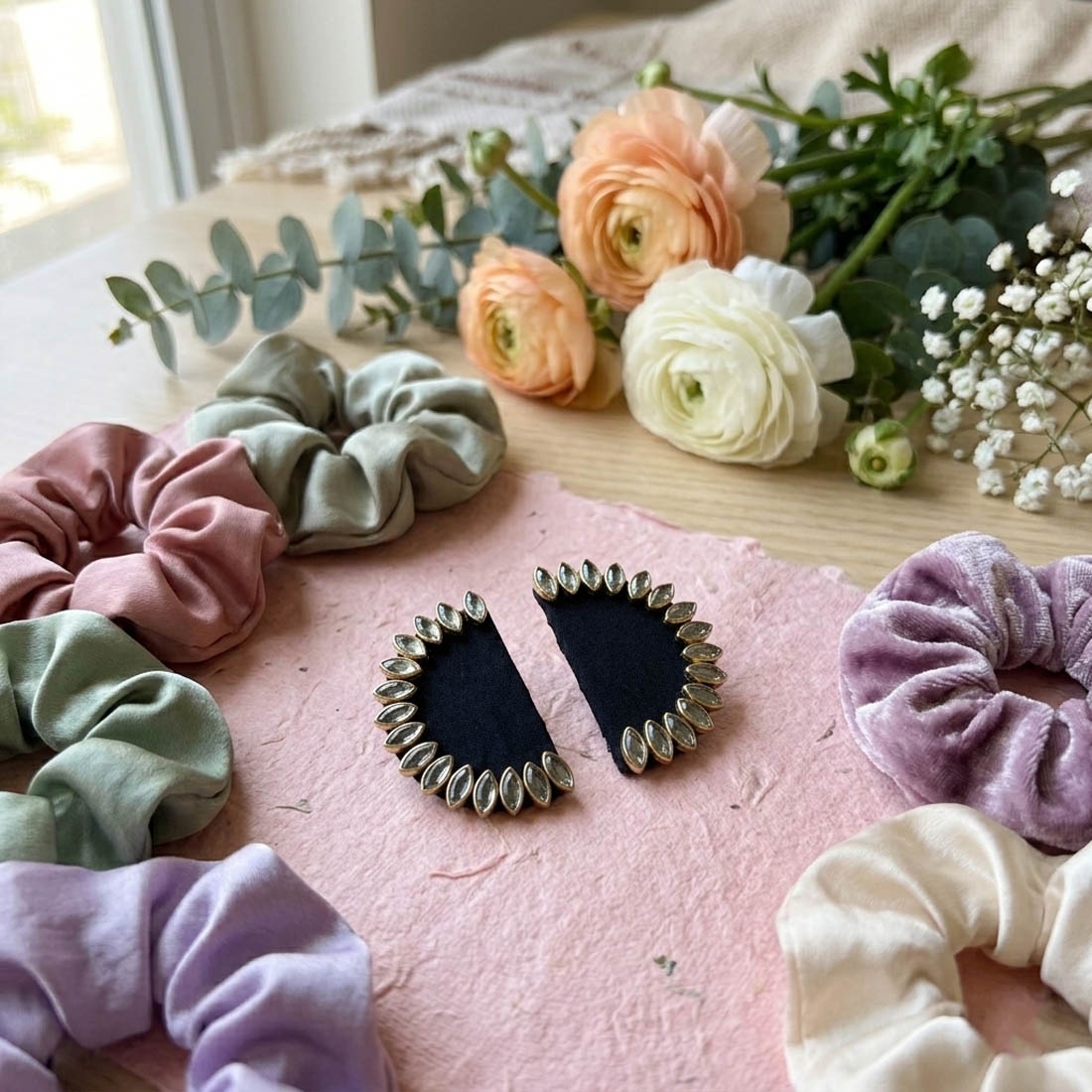 Black Contemporary Stone Stud Earrings