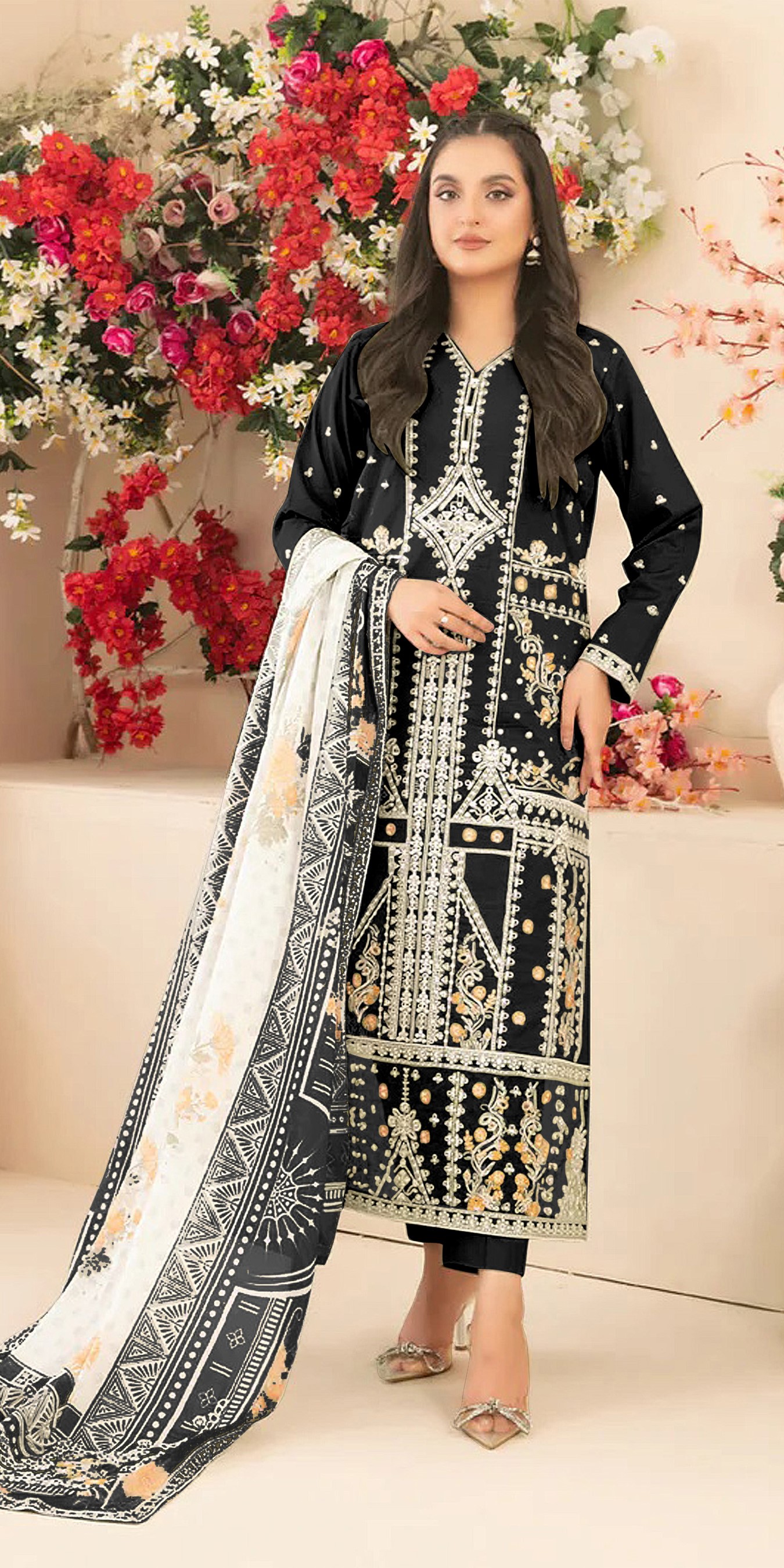 Black Cotton Designer Embroidered Straight Pant Suit