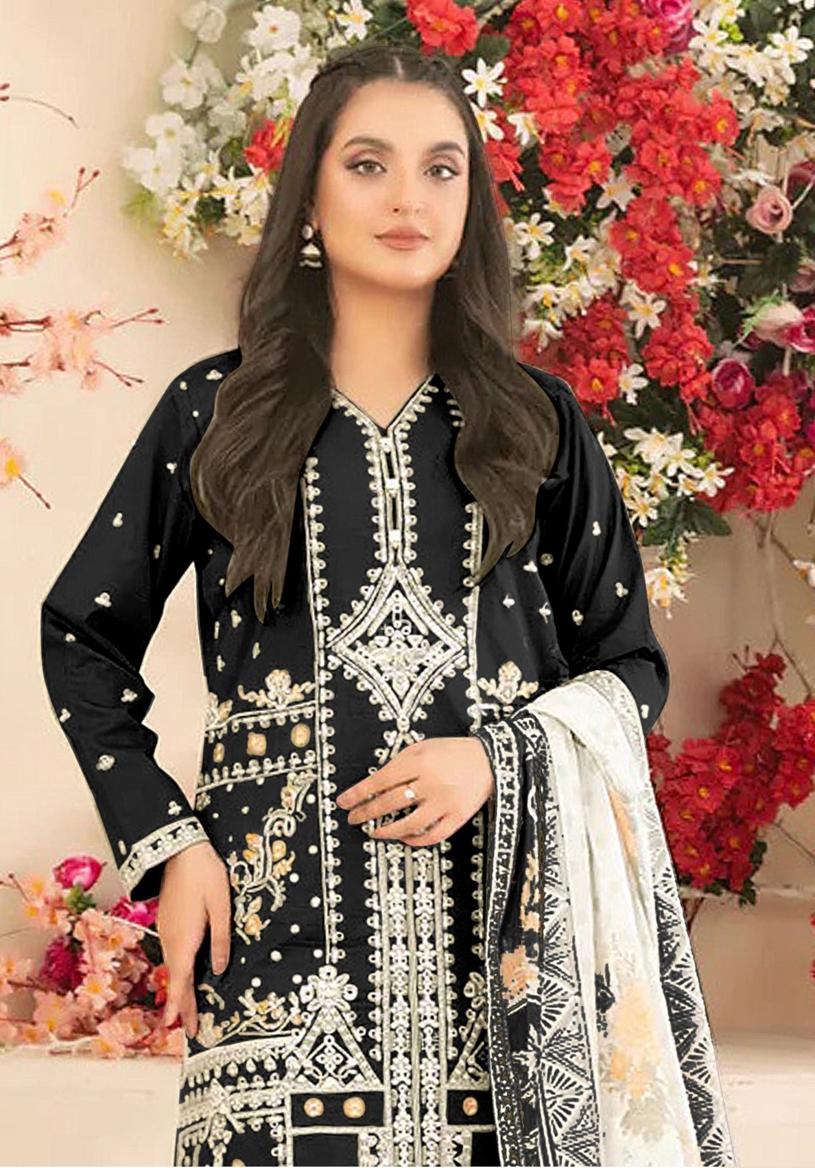 Black Cotton Designer Embroidered Straight Pant Suit — alternate view