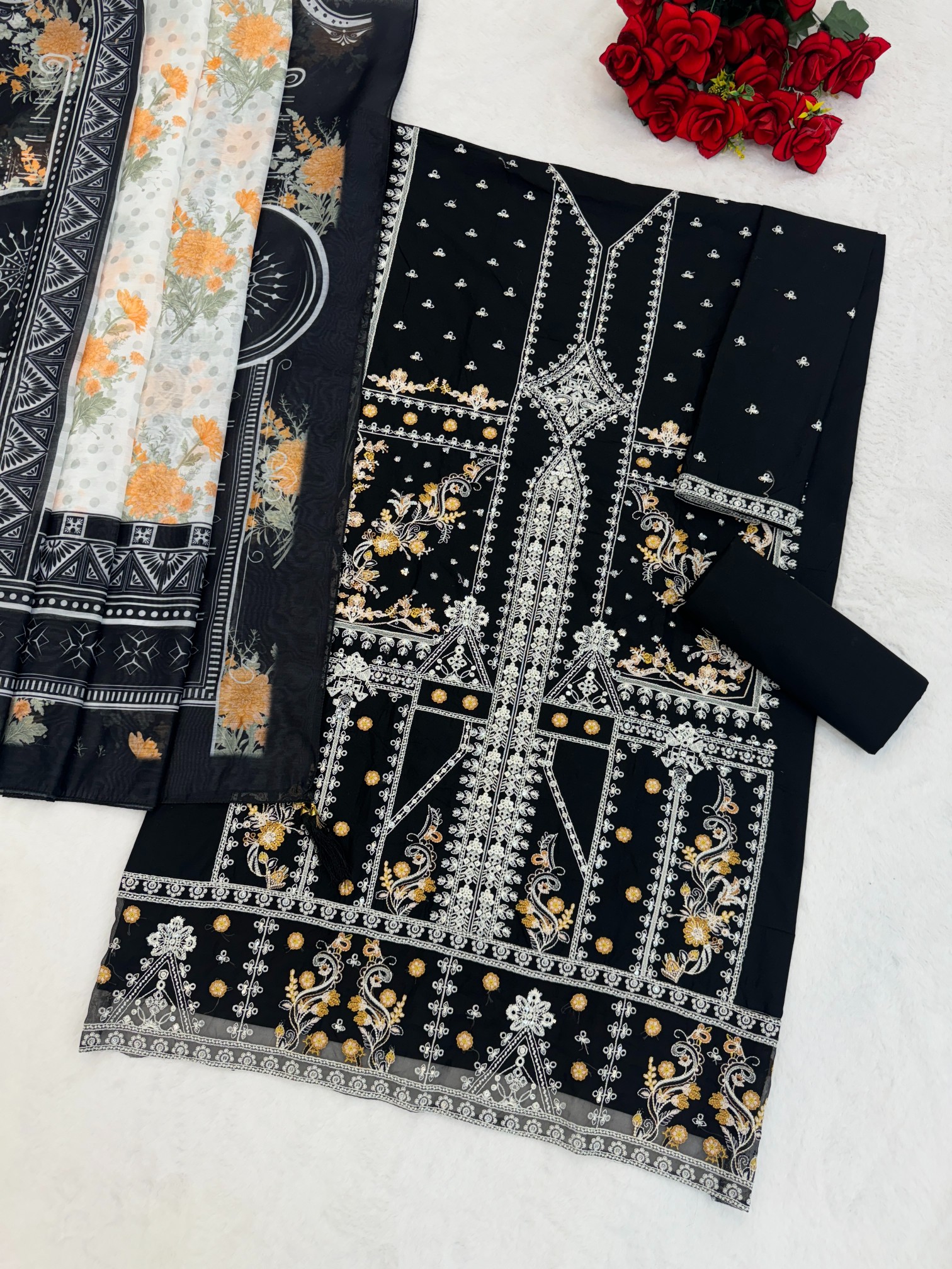 Black Cotton Designer Embroidered Straight Pant Suit